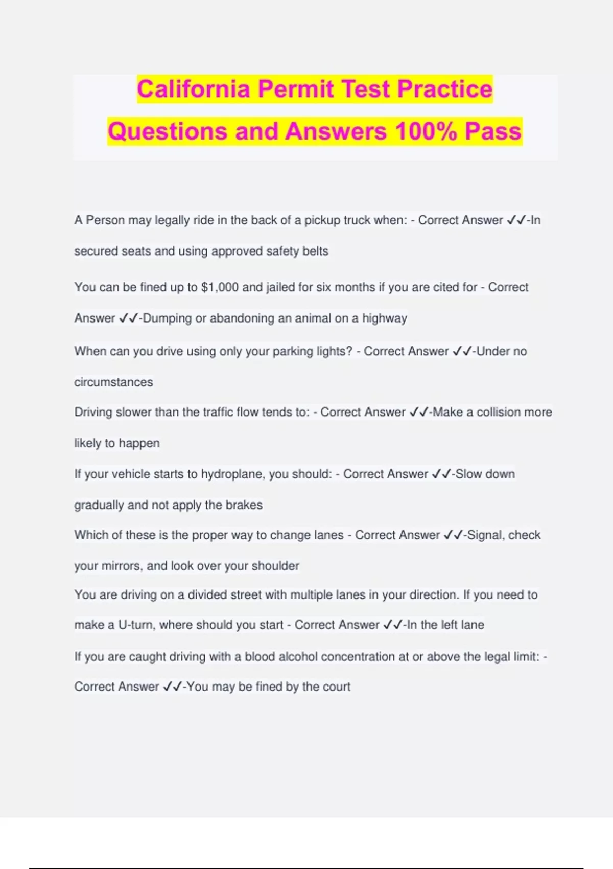 California Permit Test Practice Questions and Answers 100 Pass