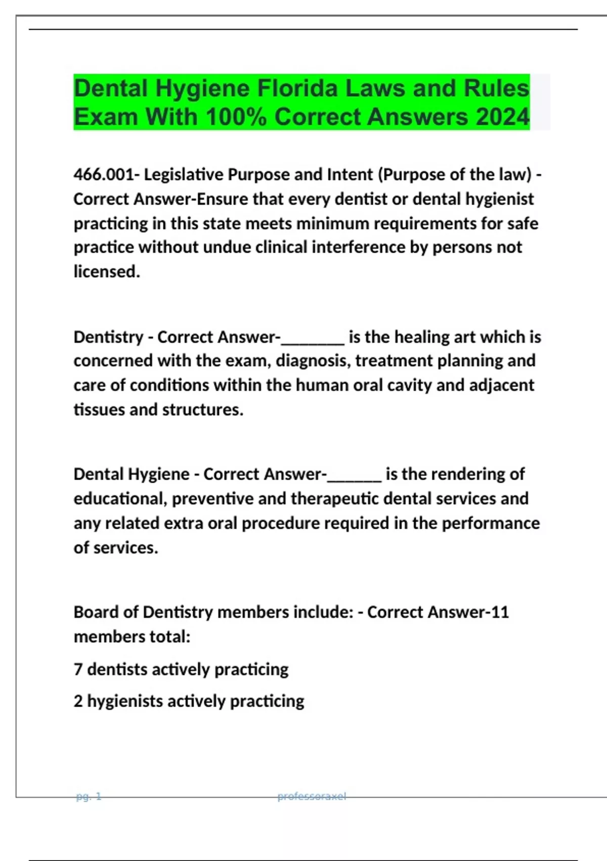 Dental Hygiene Florida Laws and Rules Exam With 100 Correct Answers