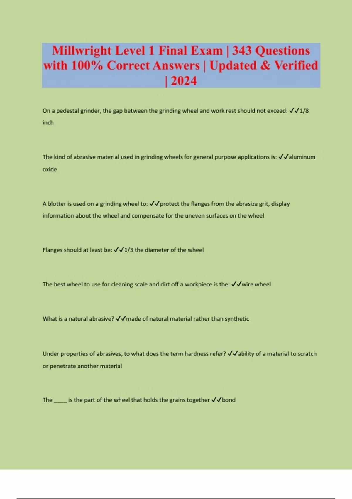 Millwright Level 1 Final Exam 343 Questions with 100 Correct Answers