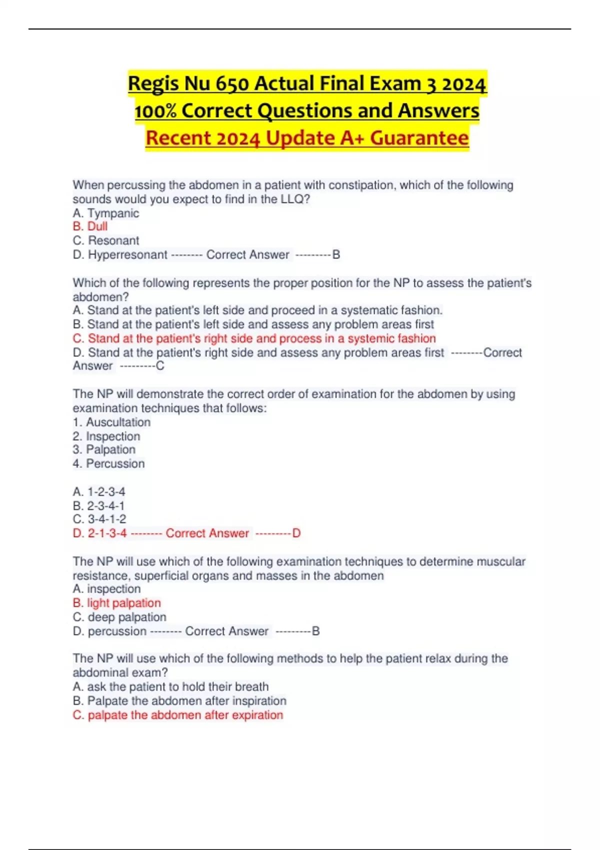 Regis Nu 650 Actual Final Exam % Correct Questions and Answers Recent ...