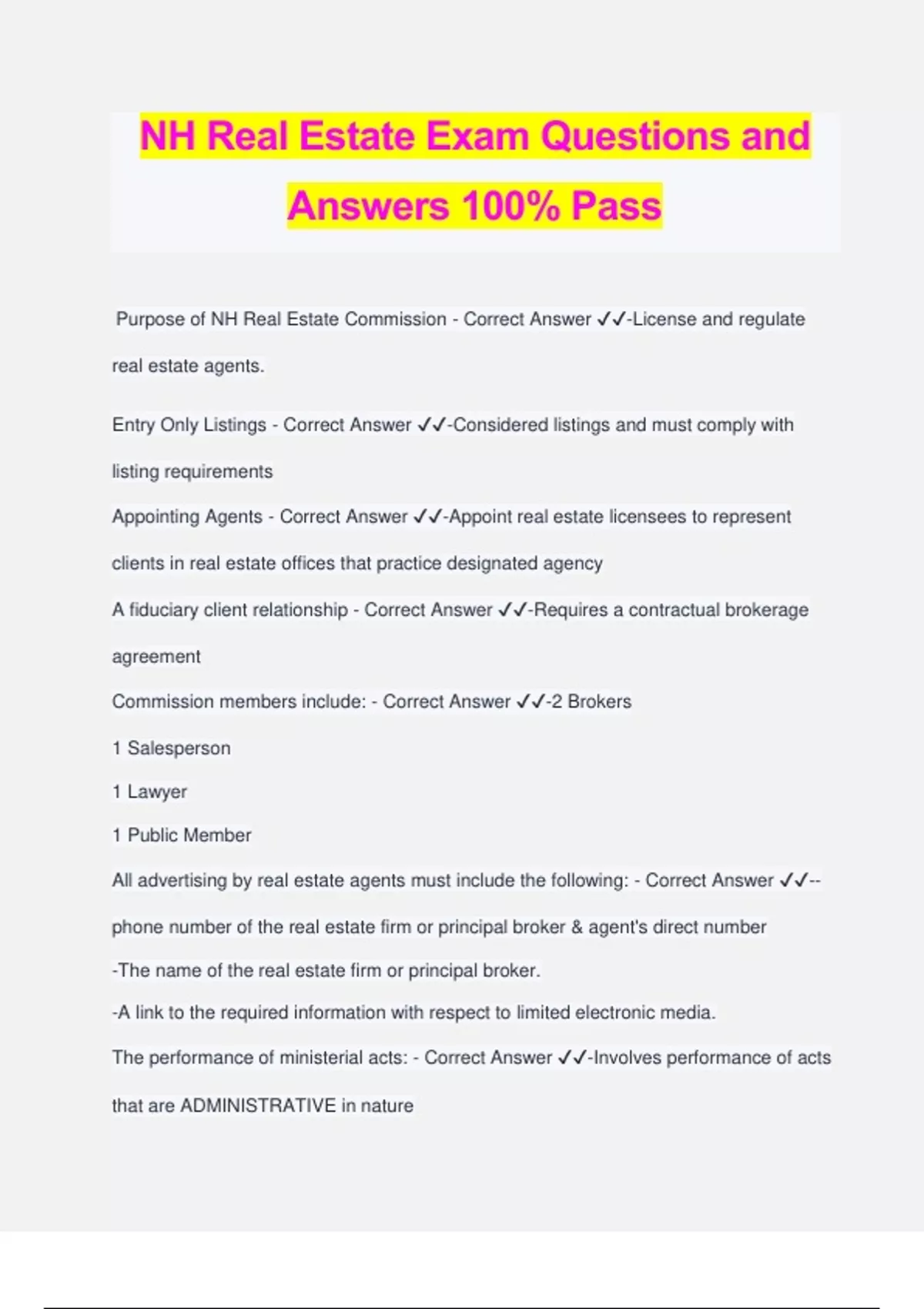 NH Real Estate Exam Questions and Answers 100 Pass NH Real Estate
