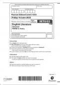 Pearson Edexcel GCE English Literature Advanced paper 3(9ET0/03:Poetry)QUESTION PAPER for June 2023