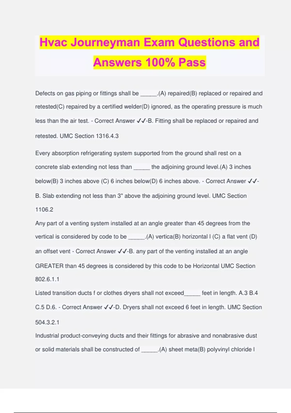 Hvac Journeyman Exam Questions and Answers 100 Pass HVAC Stuvia US