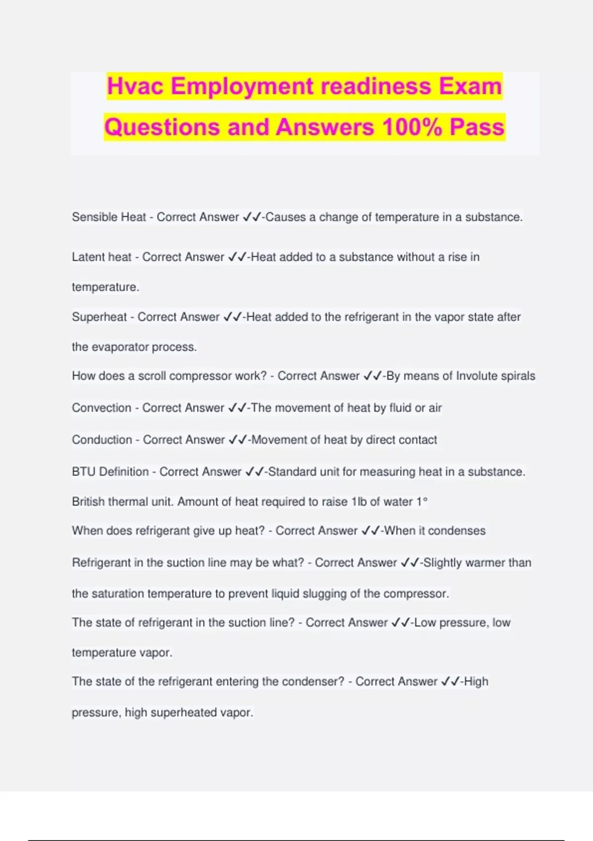 Hvac Employment readiness Exam Questions and Answers 100 Pass HVAC