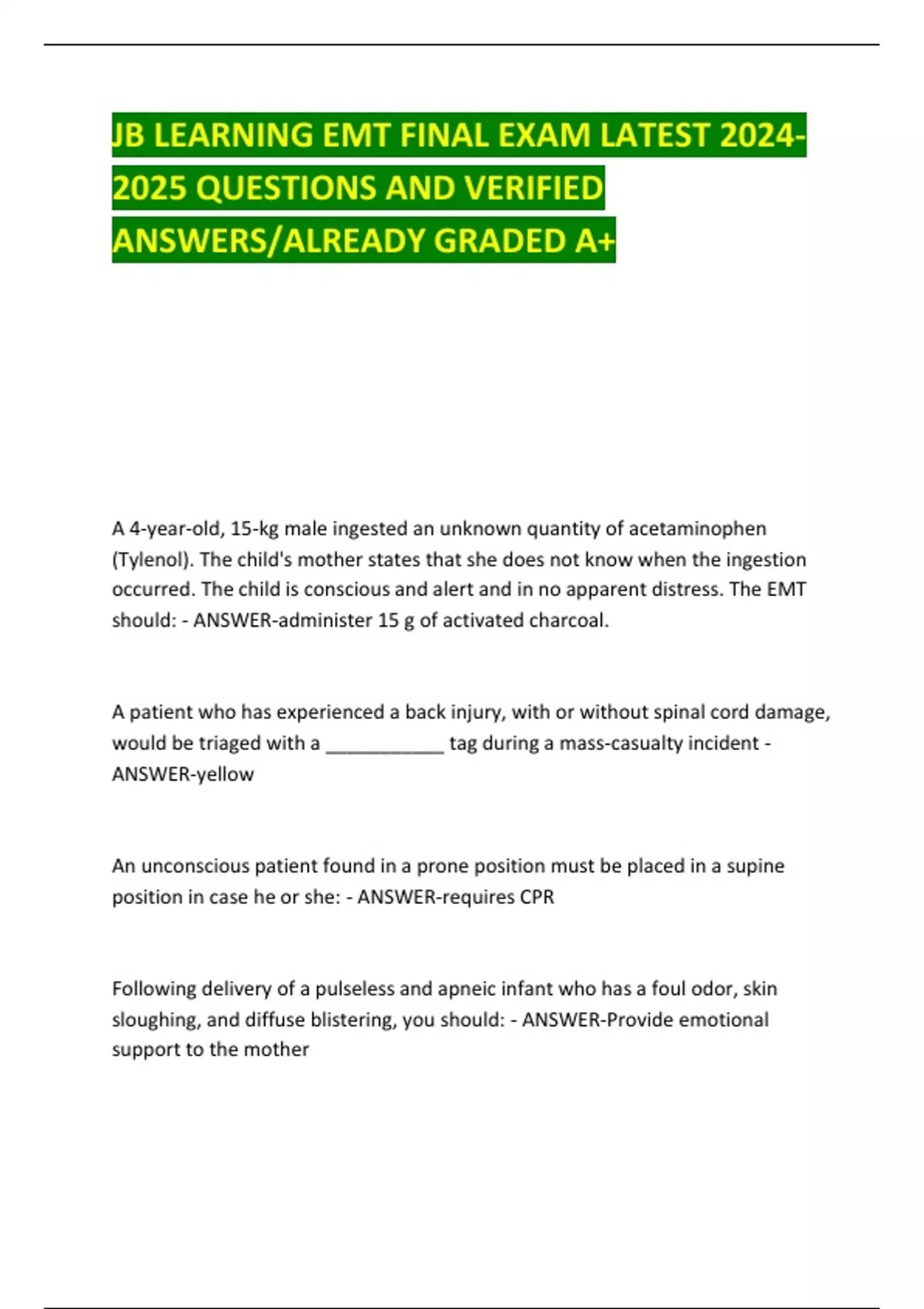JB LEARNING EMT FINAL EXAM LATEST QUESTIONS AND VERIFIED ANSWERS