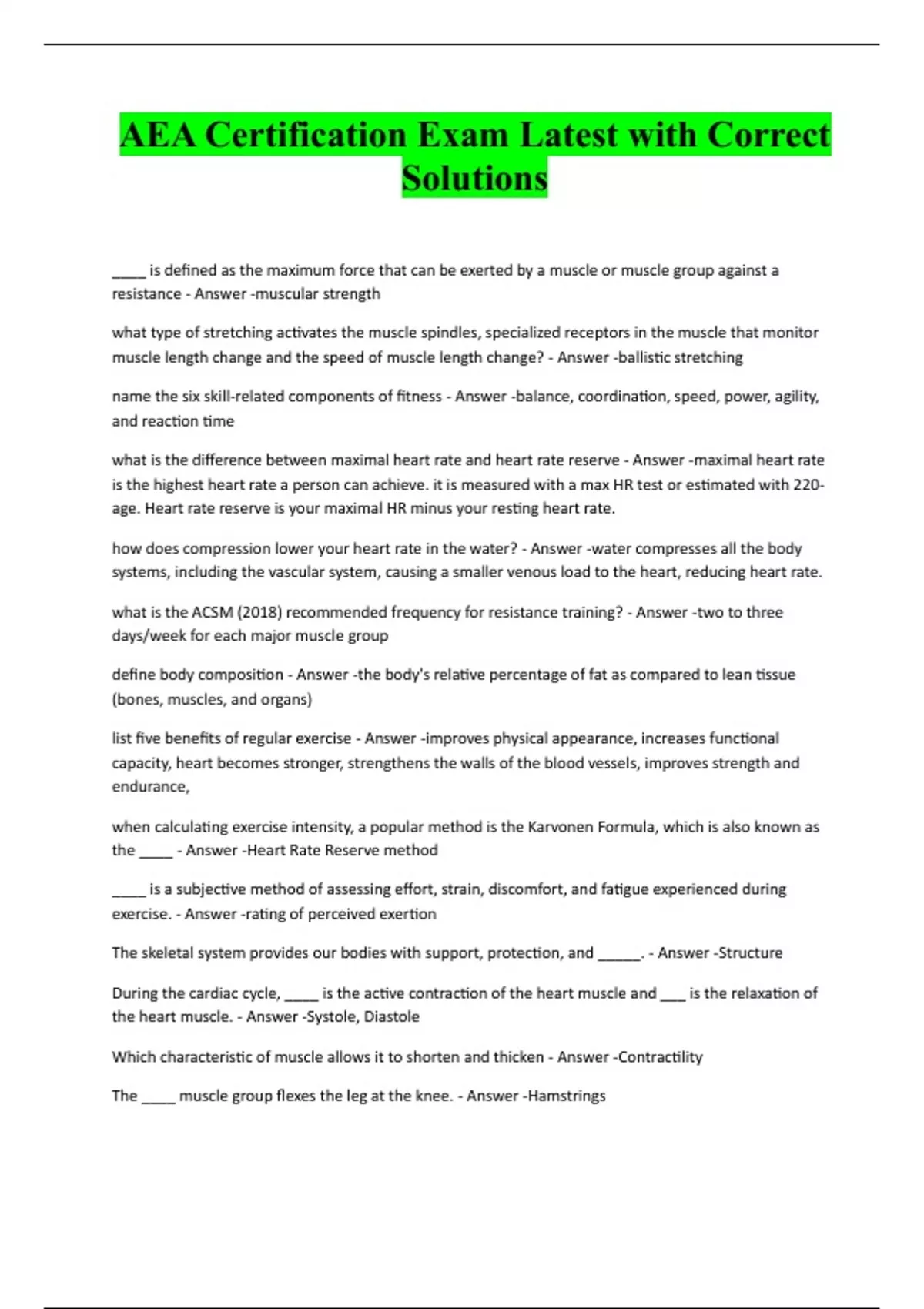 Aquatic Exercise Association (AEA) BUNDLED Exams and Correct Solutions