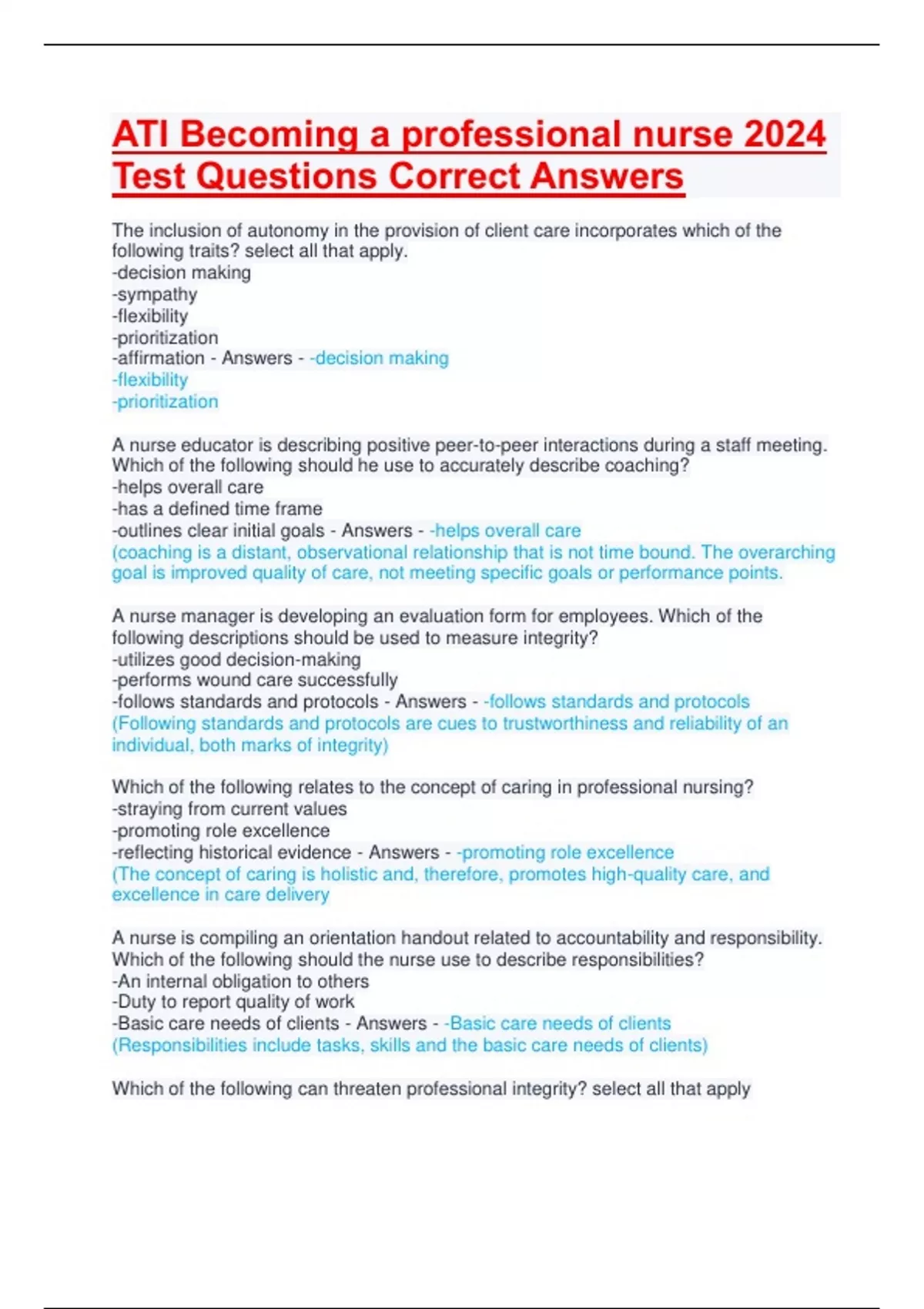 ATI Becoming a professional nurse 2024 Test Questions Correct Answers ...