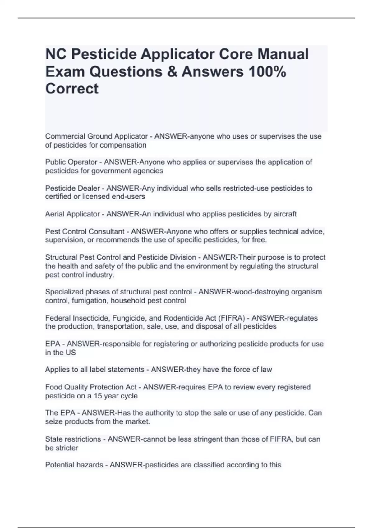 NC Pesticide Applicator Core Manual Exam Questions & Answers 100