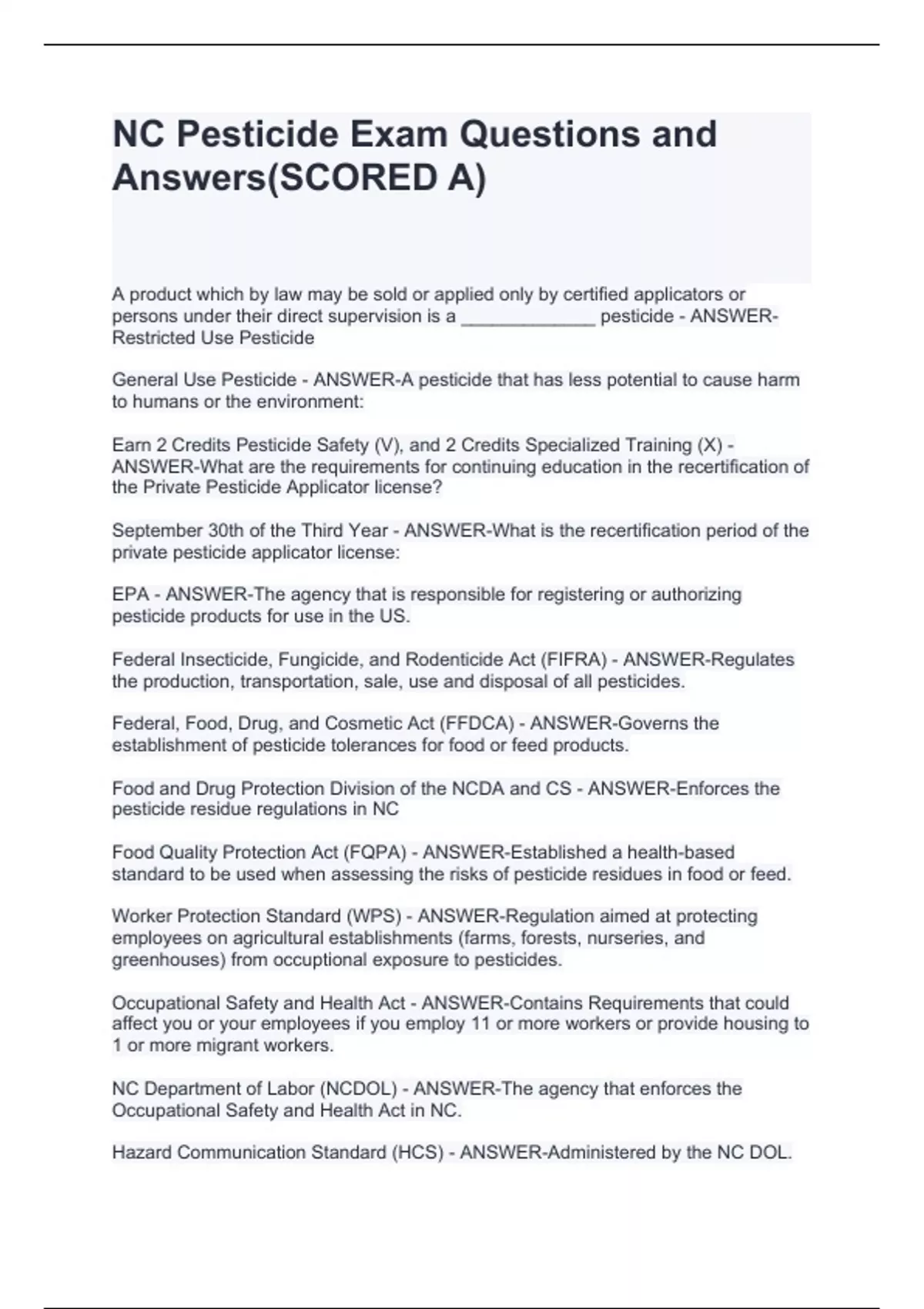 NC Pesticide Exam Questions and Answers(SCORED A) NC Pesticide