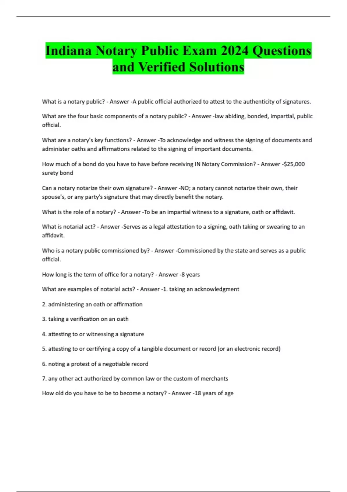 Indiana Notary Public Exam 2024 Questions and Verified Solutions