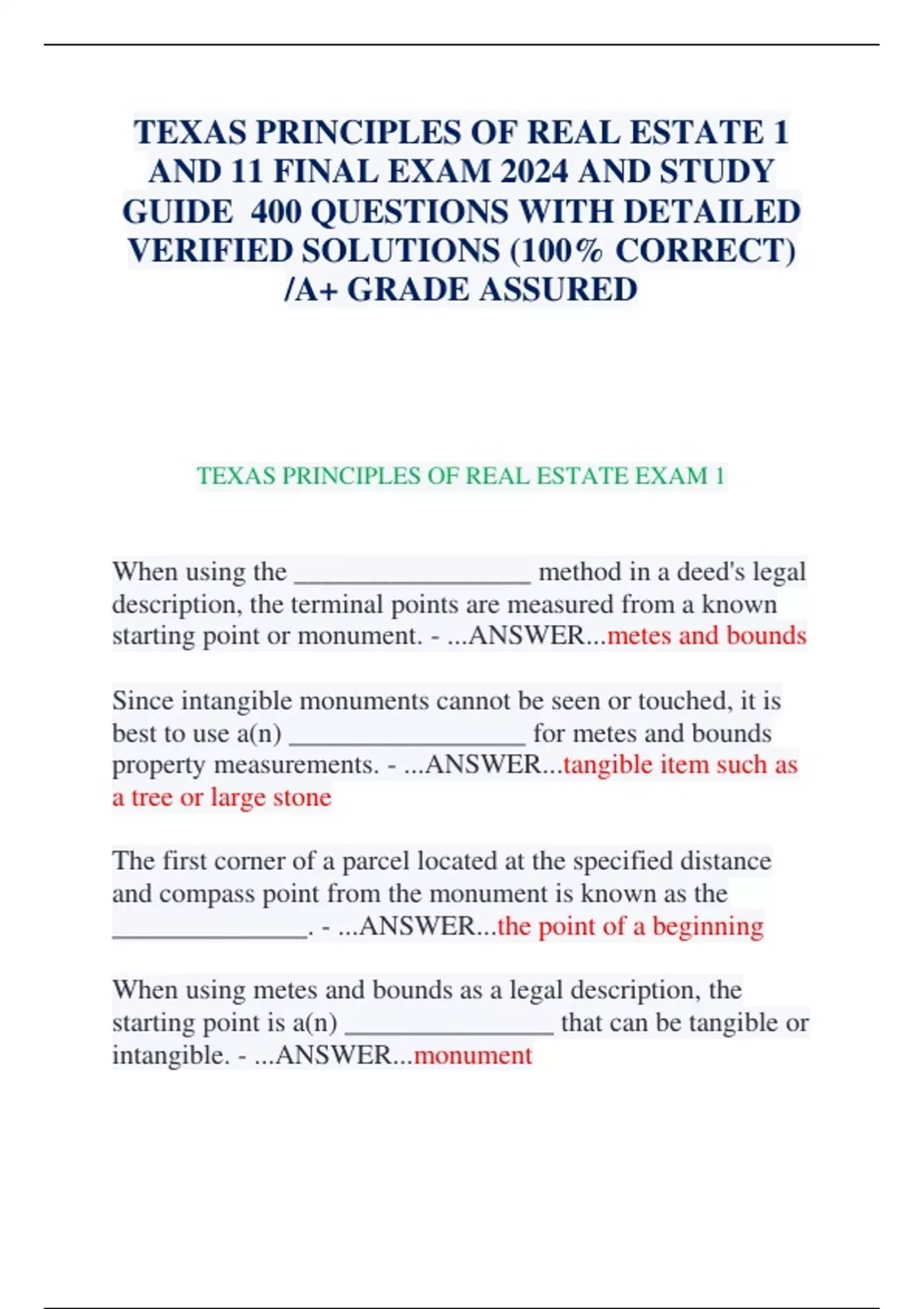 TEXAS PRINCIPLES OF REAL ESTATE 1 AND 11 FINAL EXAM 2024 AND STUDY
