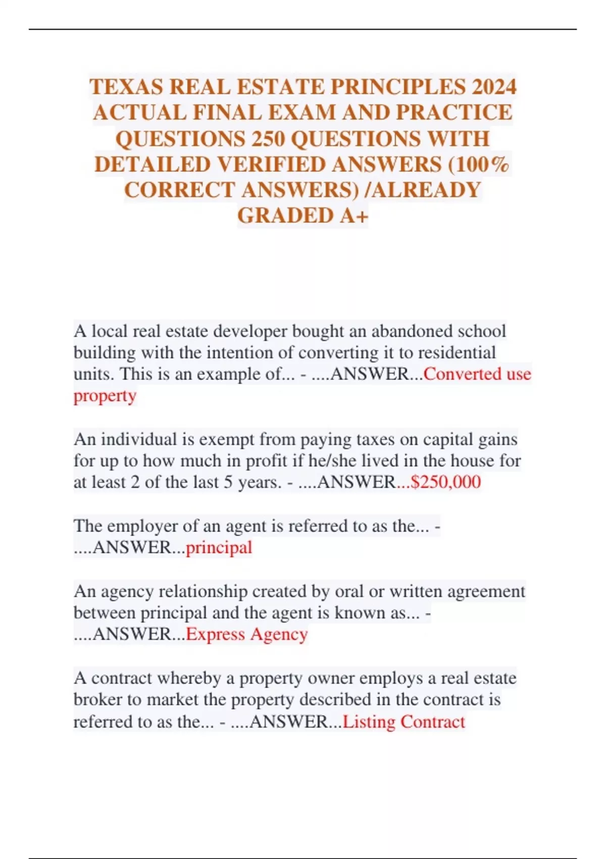 TEXAS REAL ESTATE PRINCIPLES 2024 ACTUAL FINAL EXAM AND PRACTICE
