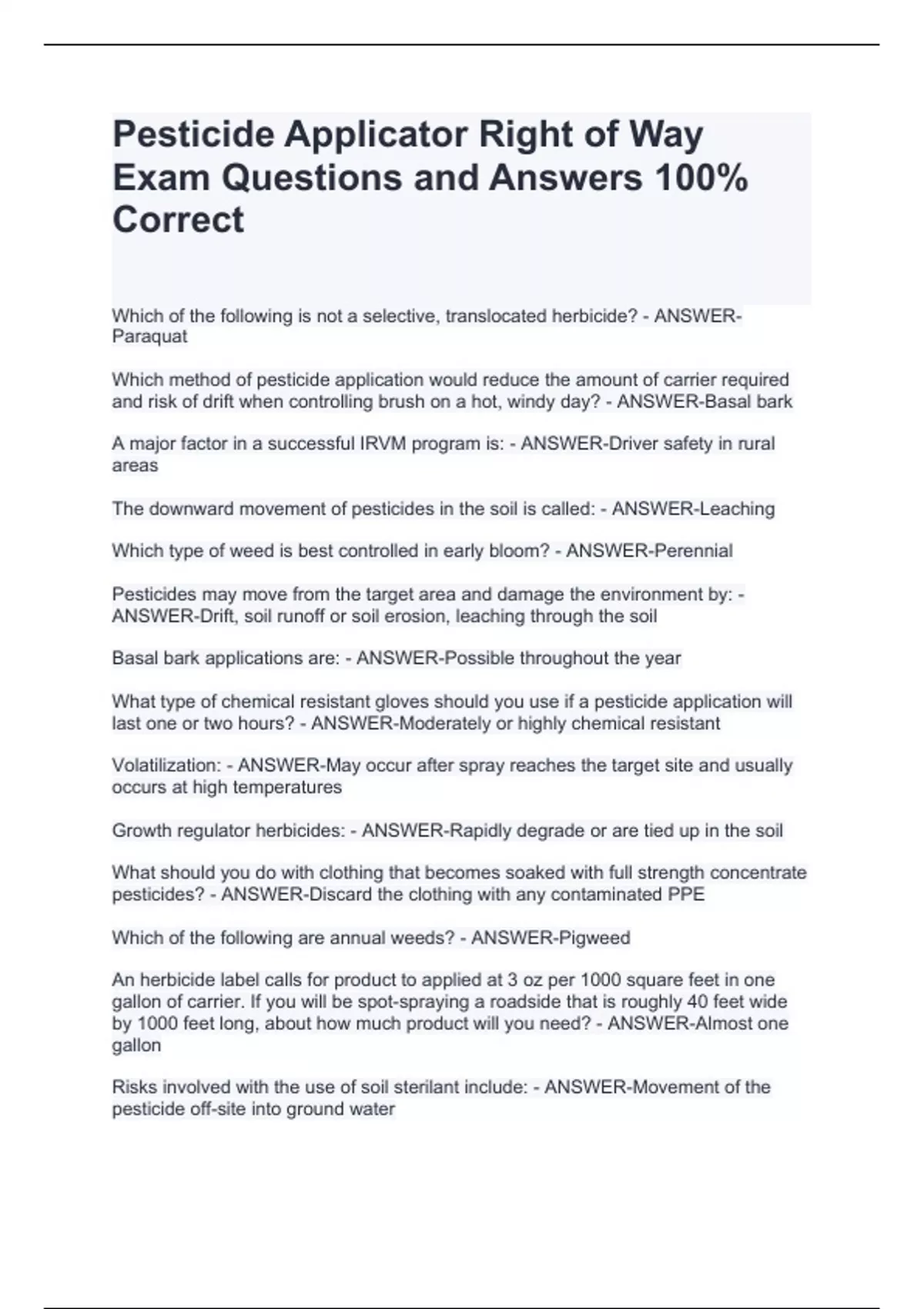 Pesticide Applicator Right of Way Exam Questions and Answers 100