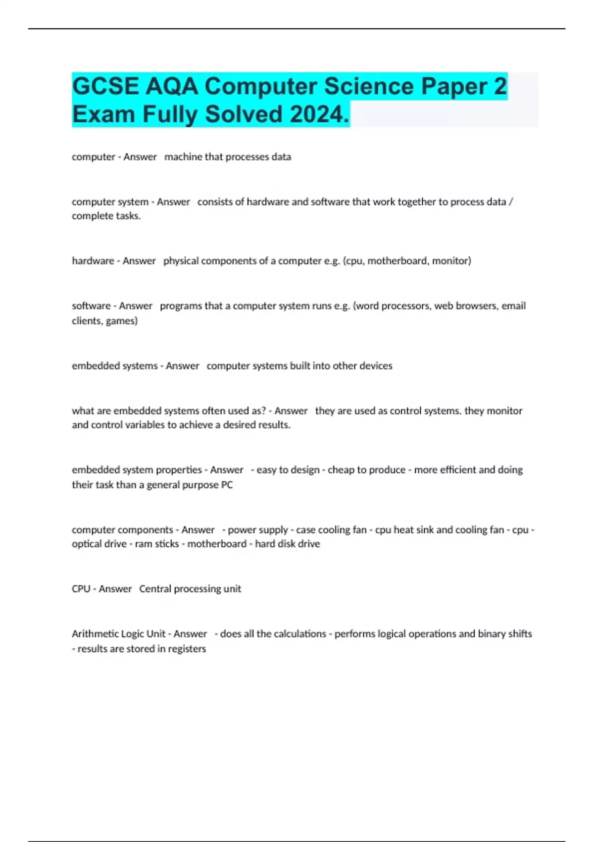 GCSE AQA Computer Science Paper 2 Exam Fully Solved 2024 - AQA A Level ...