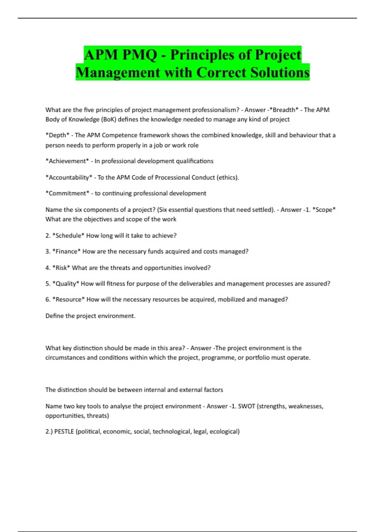 APM PMQ - Principles of Project Management with Correct Solutions - APM ...