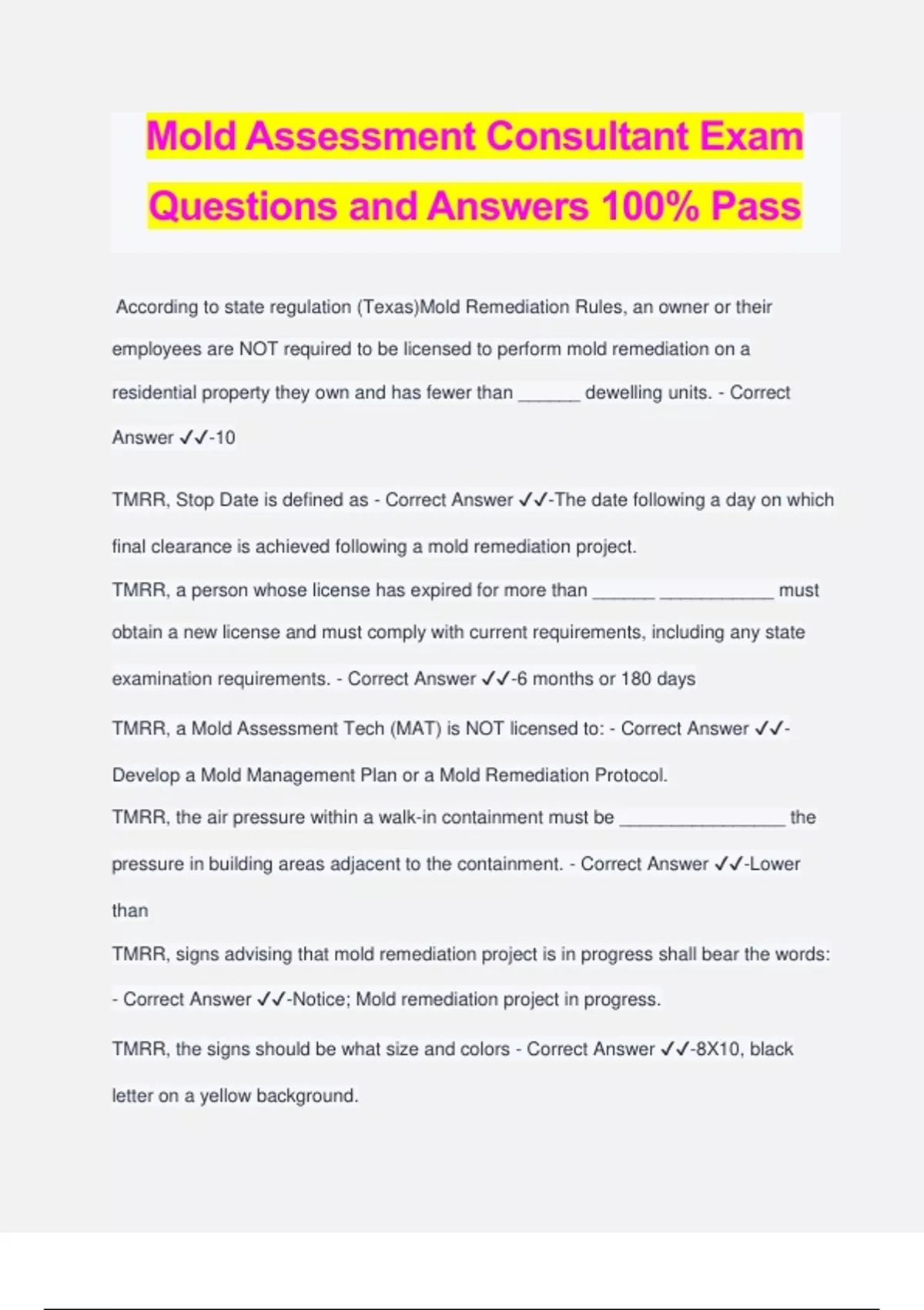 Mold Assessment Consultant Exam Questions and Answers 100 Pass Texas