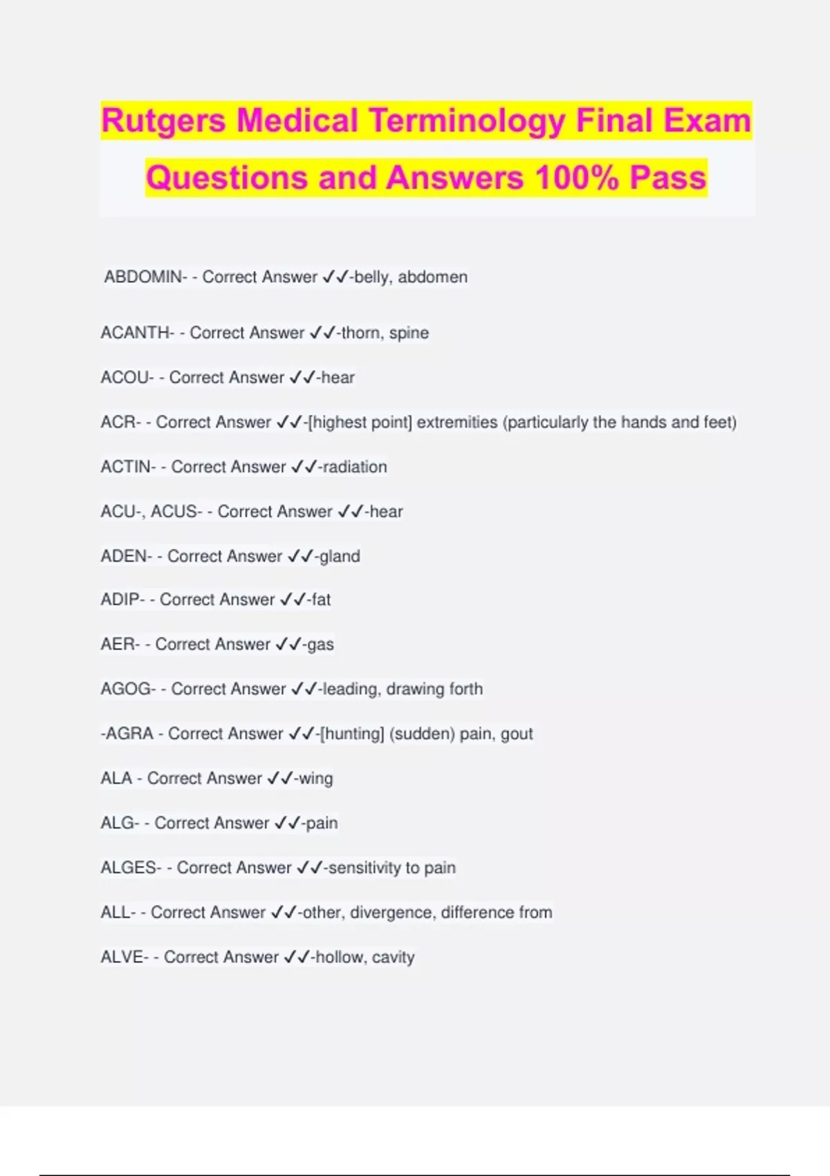 Rutgers Medical Terminology Final Exam Questions and Answers 100% Pass ...
