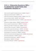U.S. A . Citizenship Questions WELL ELABORATED QUESTIONS AND ANSWERS GRADED A+