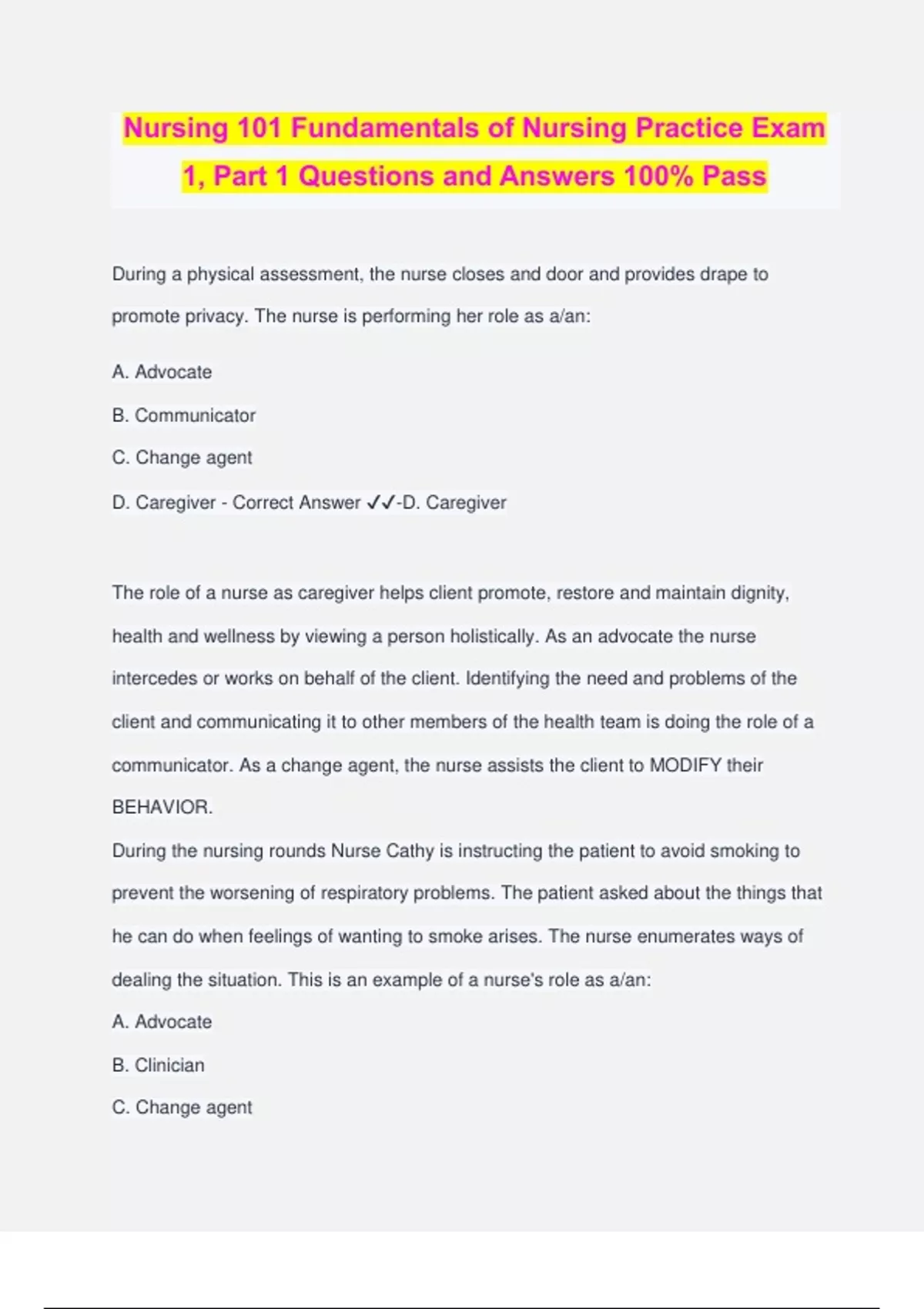 Nursing 101 Fundamentals of Nursing Practice Exam 1, Part 1 Questions ...