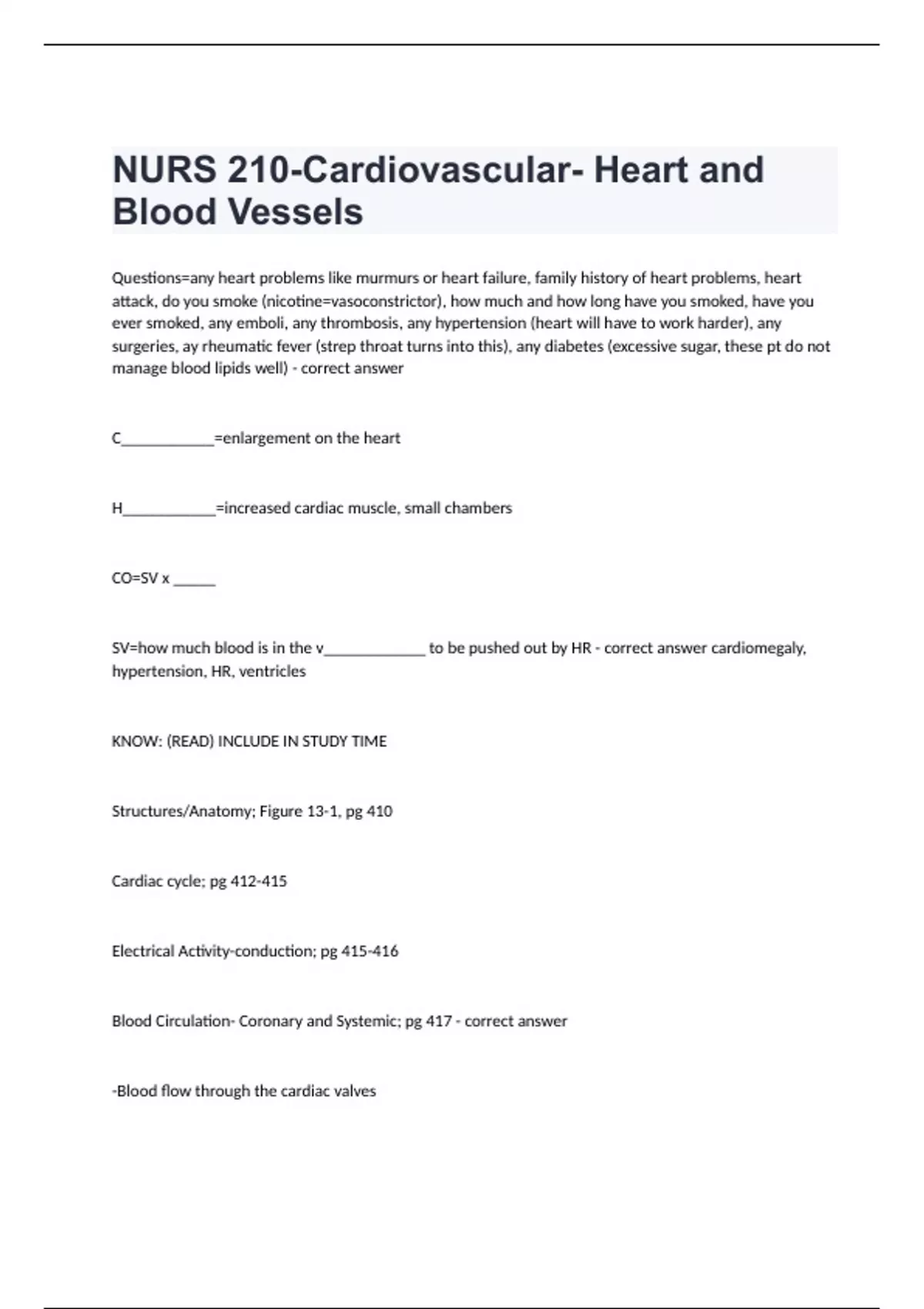 NURS 210-Cardiovascular- Heart and Blood Vessels questions with answers ...