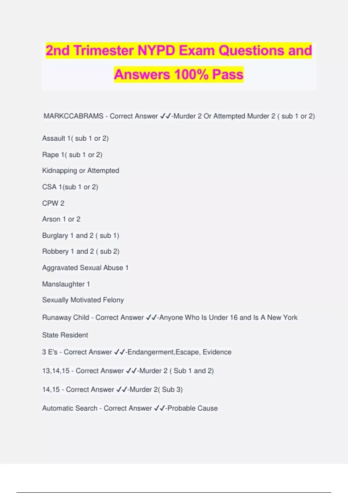 2nd Trimester NYPD Exam Questions and Answers 100 Pass Nypd Stuvia US