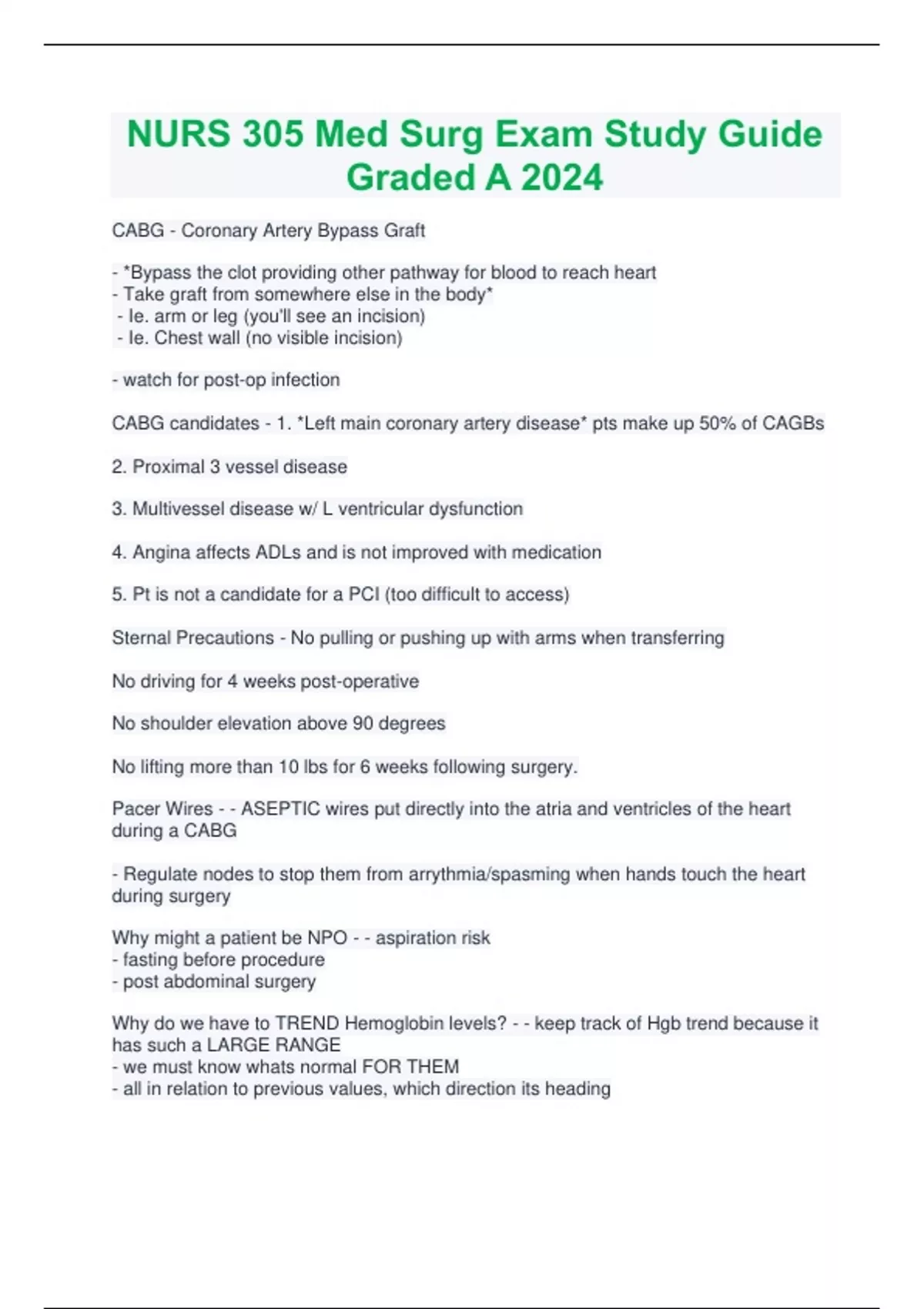 NURS 305 Med Surg Exam Study Guide Graded A 2024 - Med surg - Stuvia US