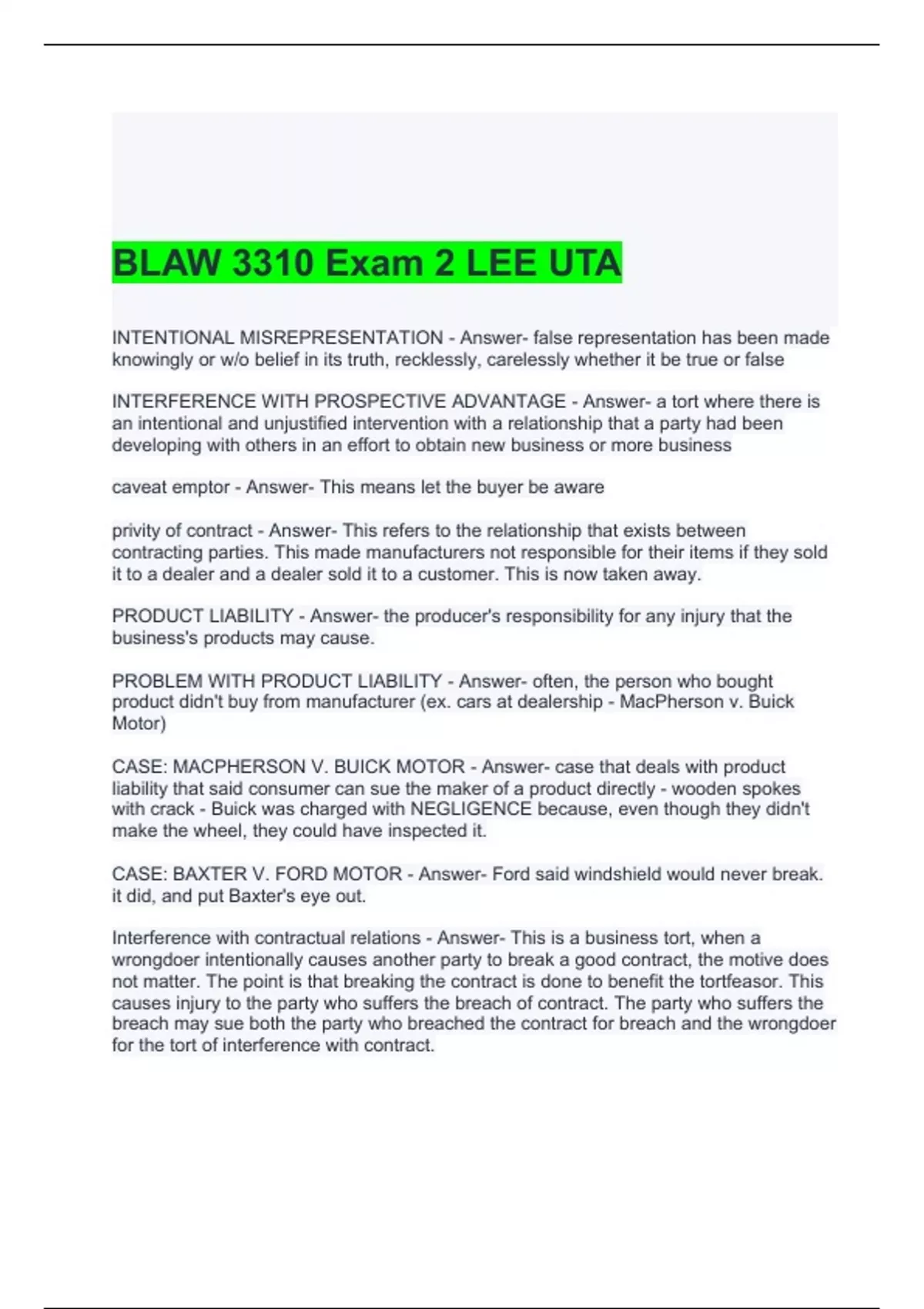 BLAW 3310 Exam 2 LEE UTA QUESTIONS AND ANSWERS 2024 - BLAW 3310 - Stuvia US