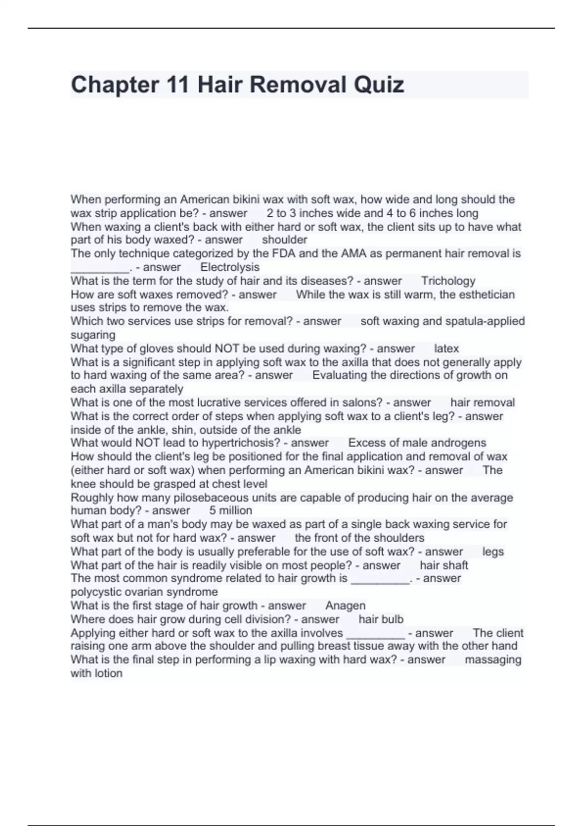 Chapter 11 Hair Removal Quiz Questions with correct Answers 100