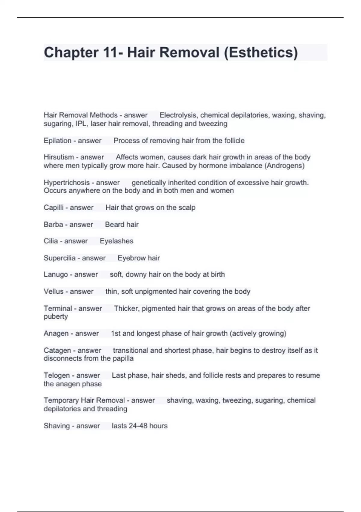 Chapter 11 Hair Removal (Esthetics) Questions with Correct Answers