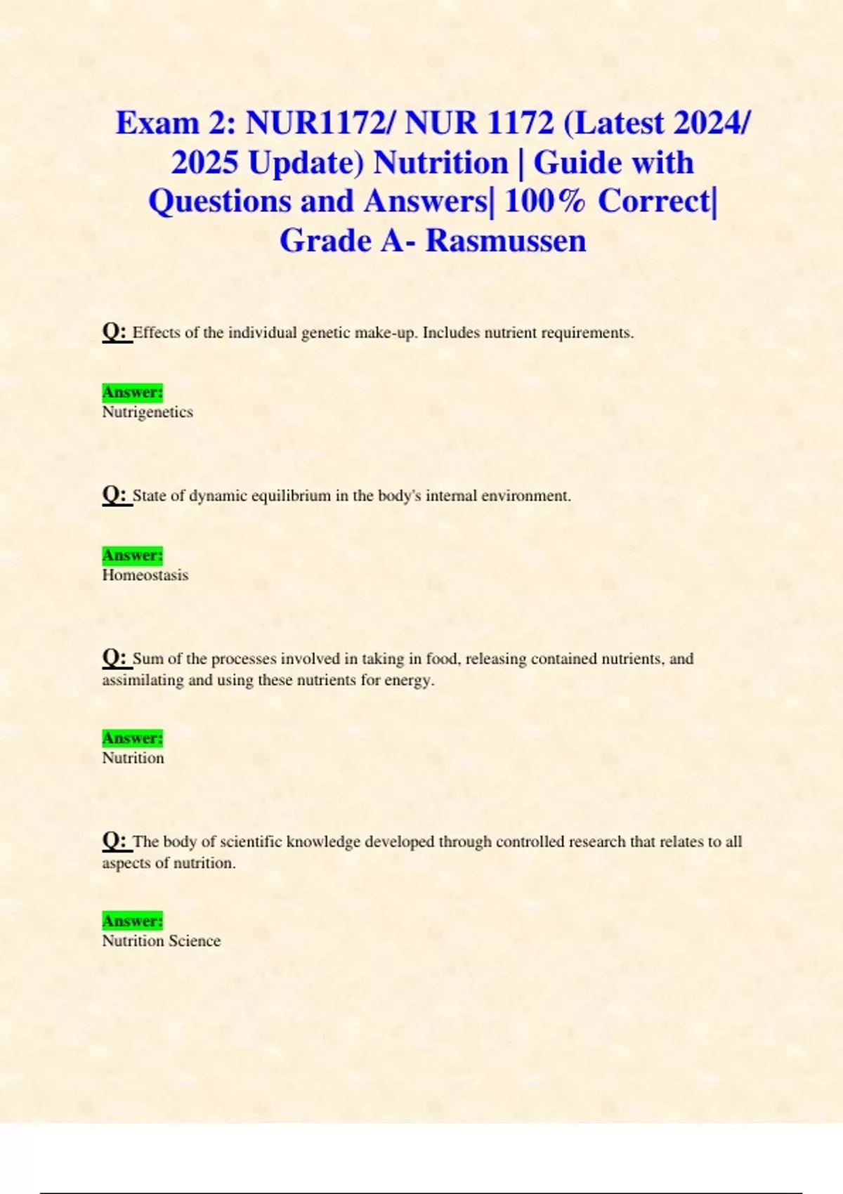Exam 2 Nur1172 Nur 1172 Latest 2024 2025 Update Nutrition Guide