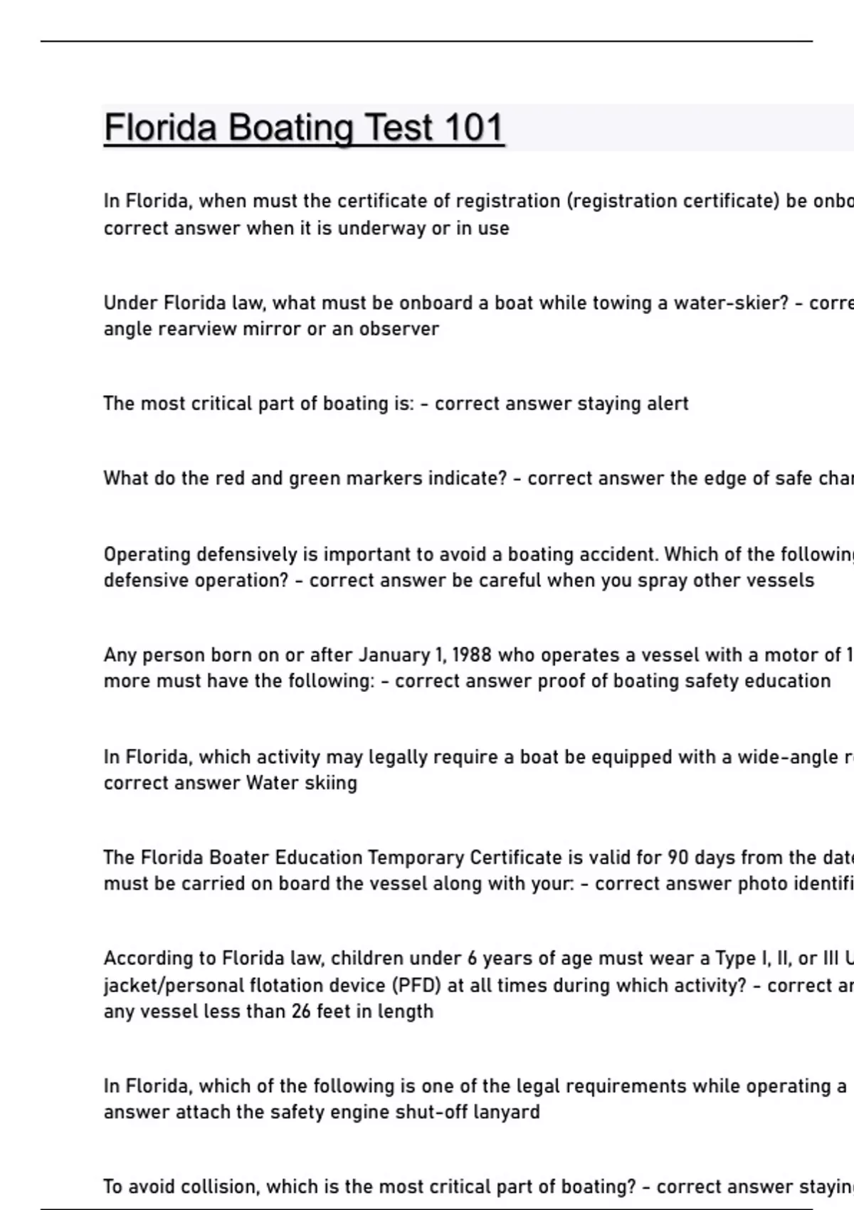 Florida Boating Test 101 Questions and answers latest update Florida