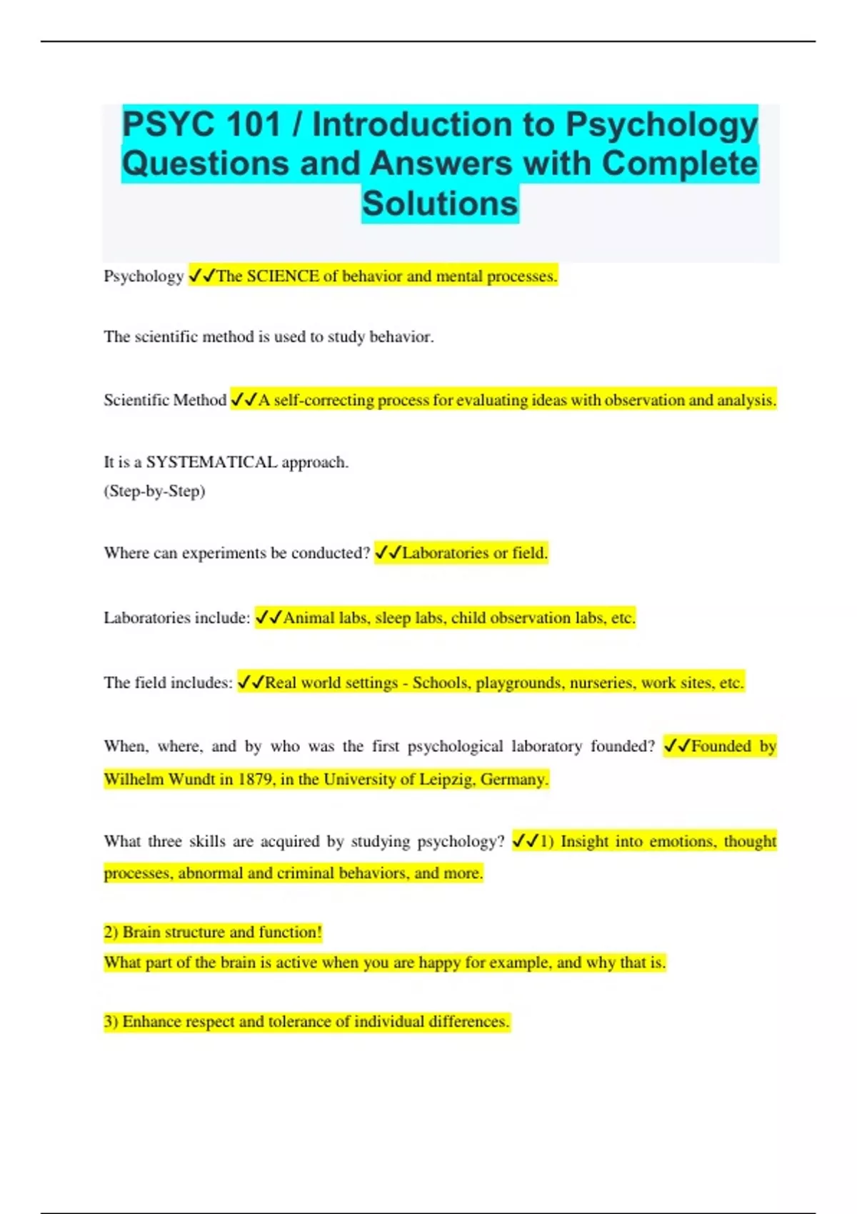 PSYC 101 / Intrpysc 101 introduction to Psychology Questions and ...