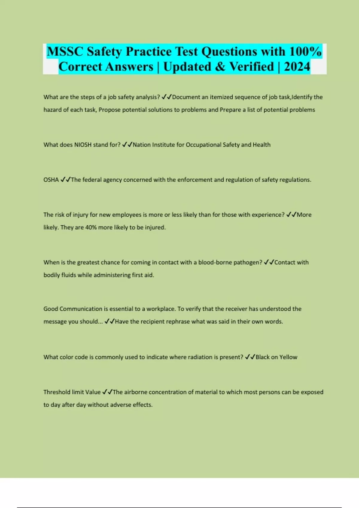 MSSC Safety Practice Test Questions with 100 Correct Answers Updated & Verified 2024 MSSC