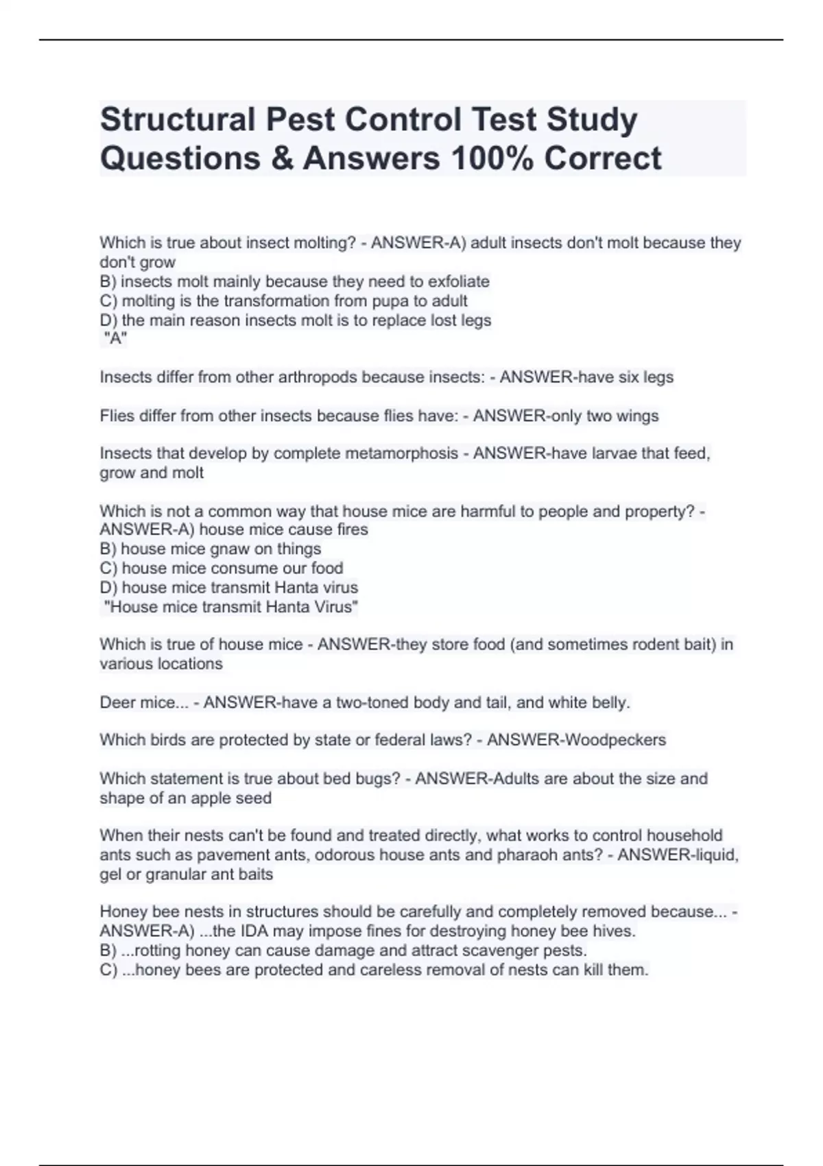 Structural Pest Control Test Study Questions & Answers 100 Correct