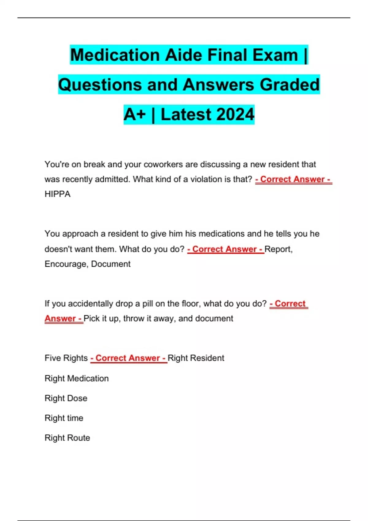 Medication Aide Final Exam Questions and Answers Graded A+ Latest