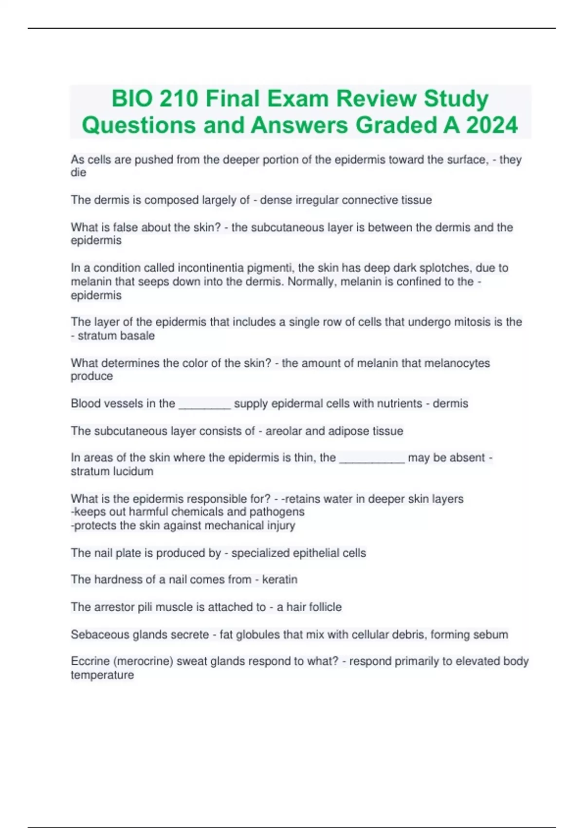 BIO 210 Final Exam Review Study Questions and Answers Graded A 2024 ...