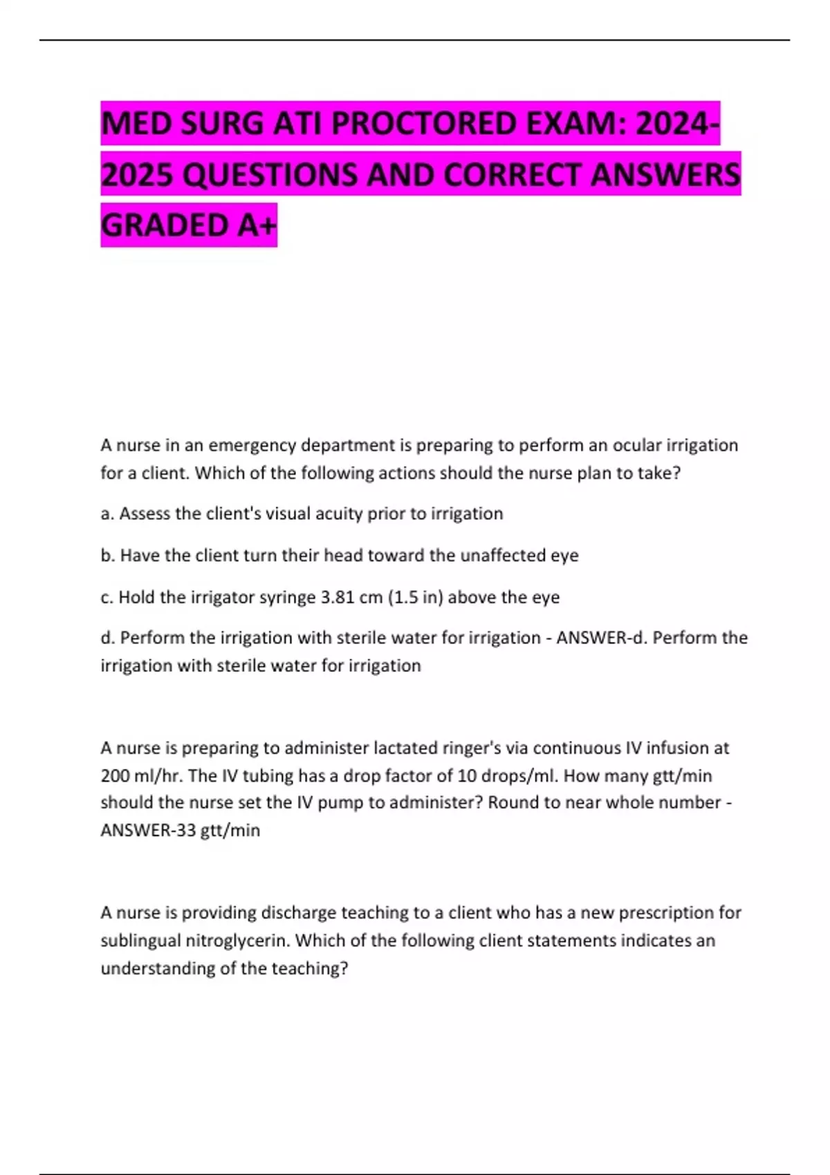 MED SURG ATI PROCTORED EXAM: QUESTIONS AND CORRECT ANSWERS GRADED A+ ...
