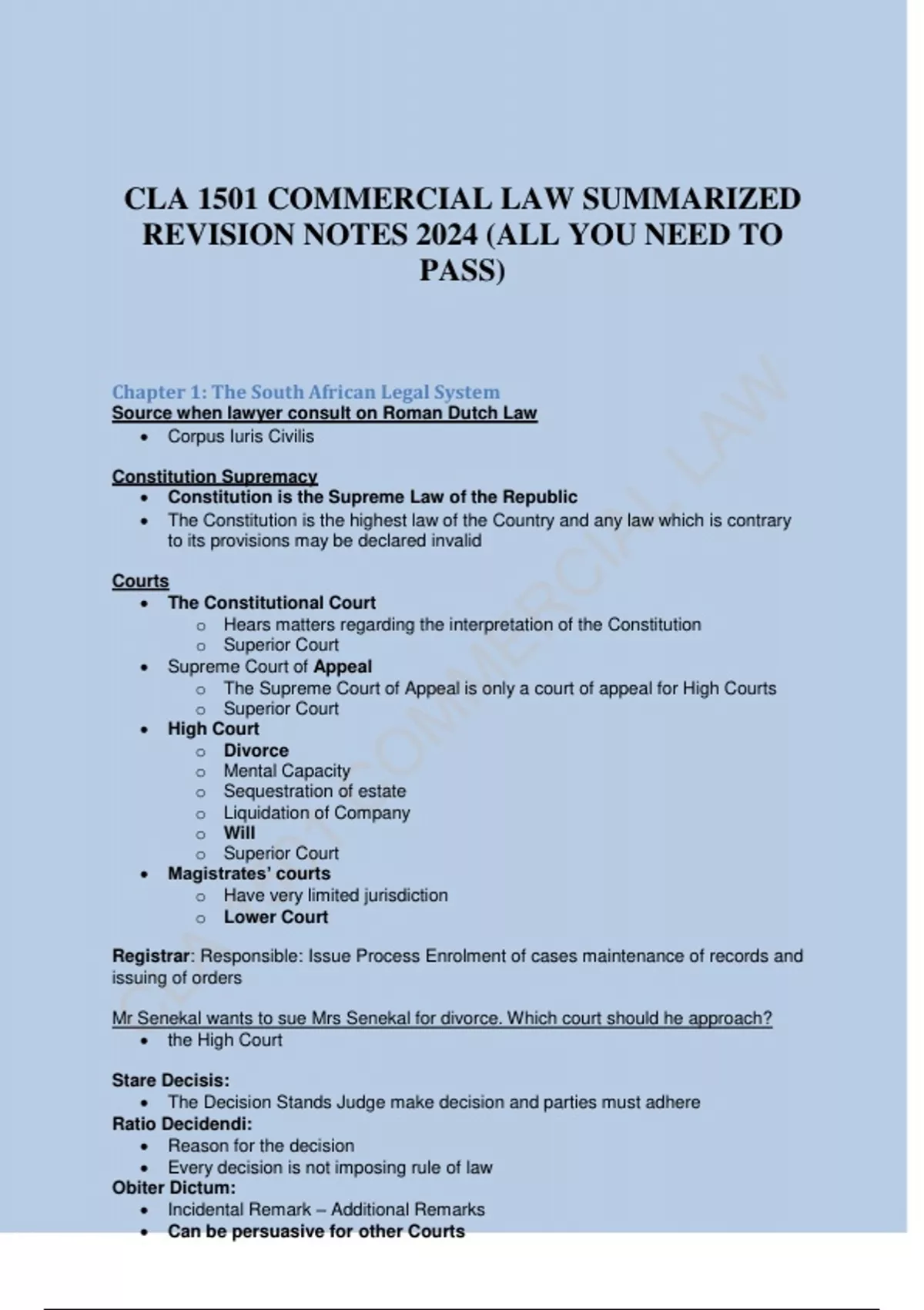 CLA 1501 COMMERCIAL LAW SUMMARIZED REVISION NOTES 2024 (ALL YOU NEED TO ...