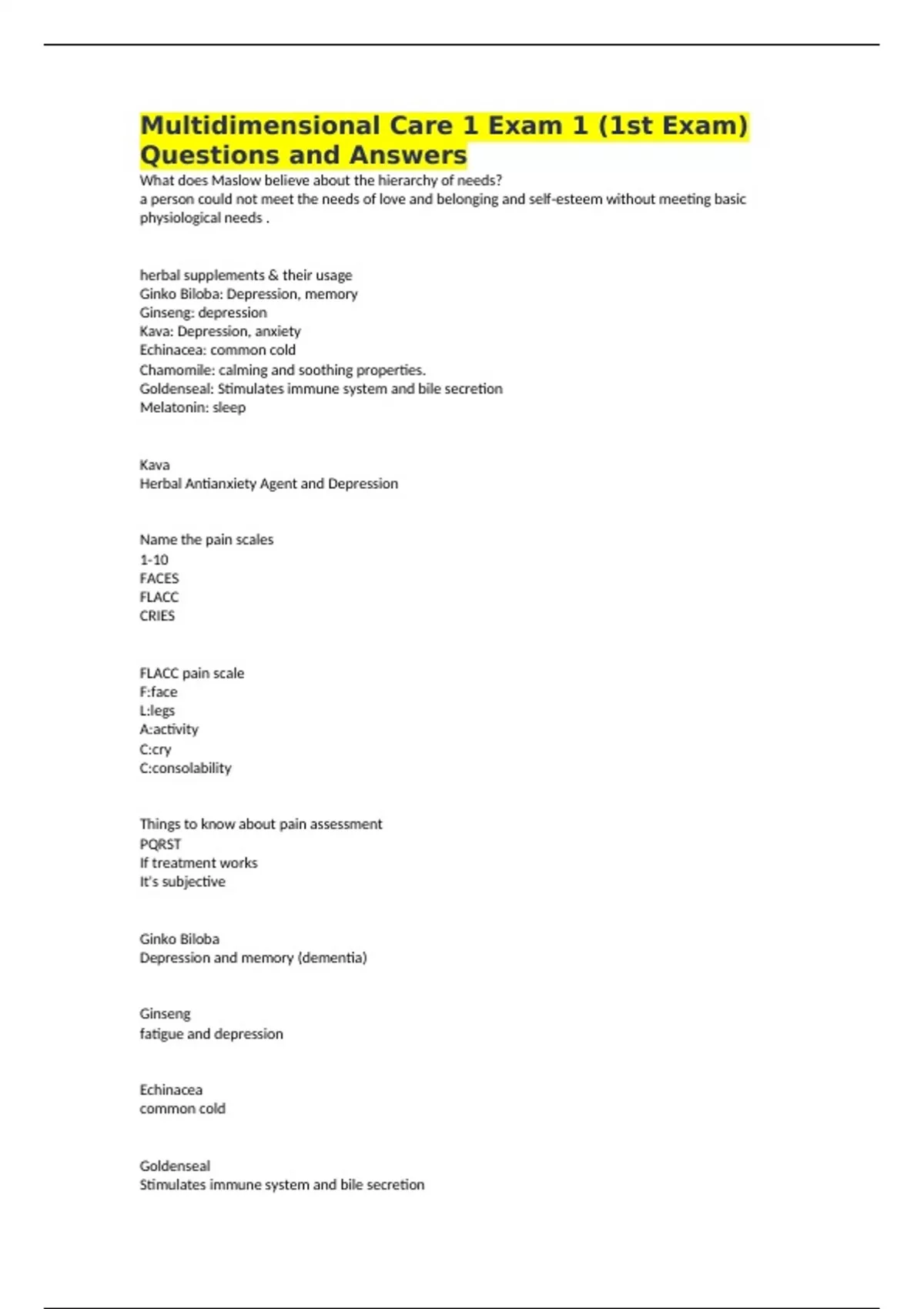 Multidimensional Care 1 Exam 1 (1st Exam) Questions and Answers Graded ...