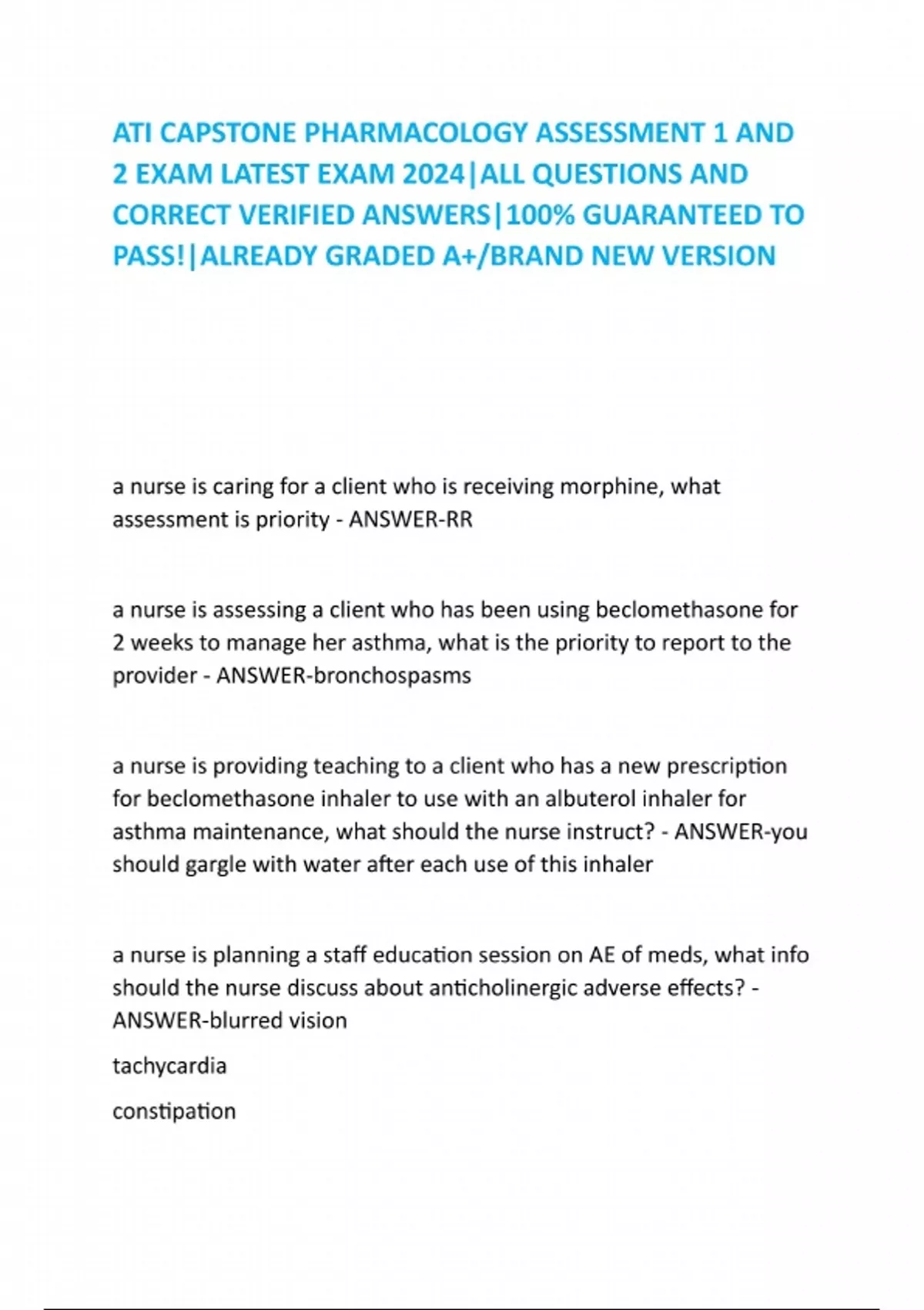 ATI CAPSTONE PHARMACOLOGY ASSESSMENT 1 AND 2 EXAM LATEST EXAM 2024 ...