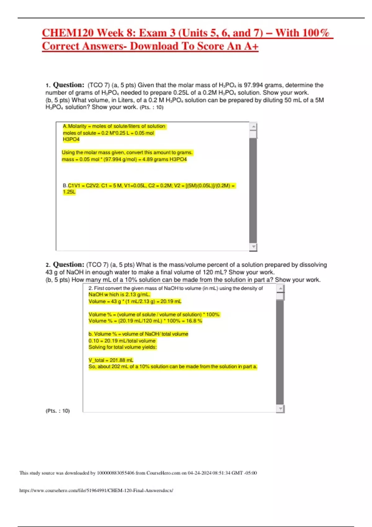 CHEM120 Week 8: Exam 3 (Units 5, 6, and 7) – With 100% Correct Answers ...