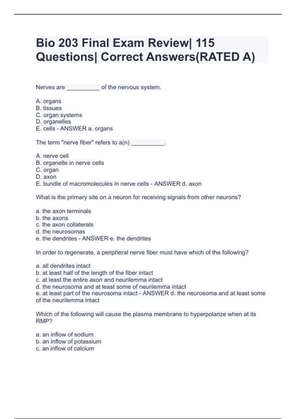 Bio 203 Final Exam Review| 115 Questions| Correct Answers(RATED A ...