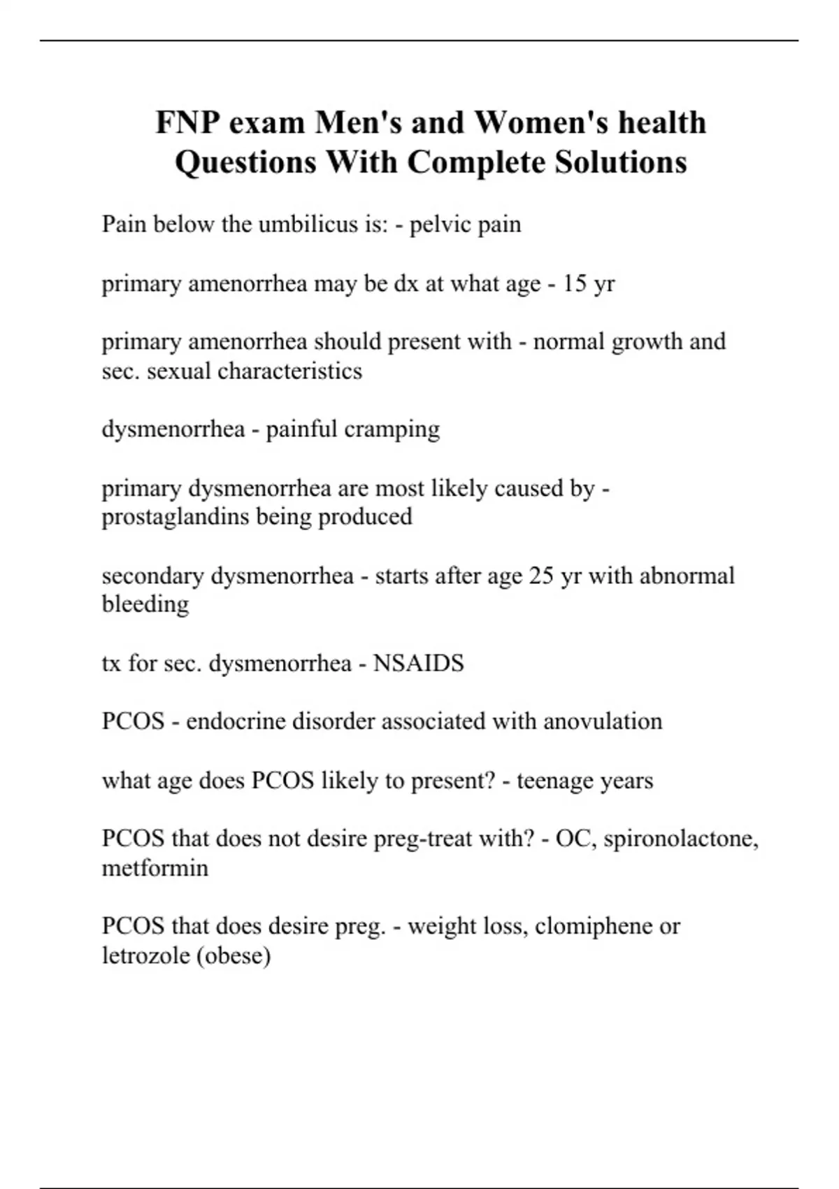 FNP exam Men's and Women's health Questions With Complete Solutions ...