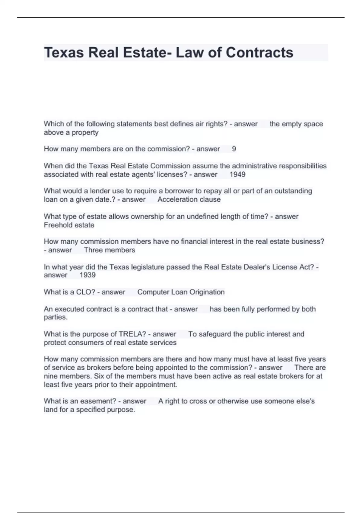 Texas Real Estate Law of Contracts Questions with Solutions 2024 Law