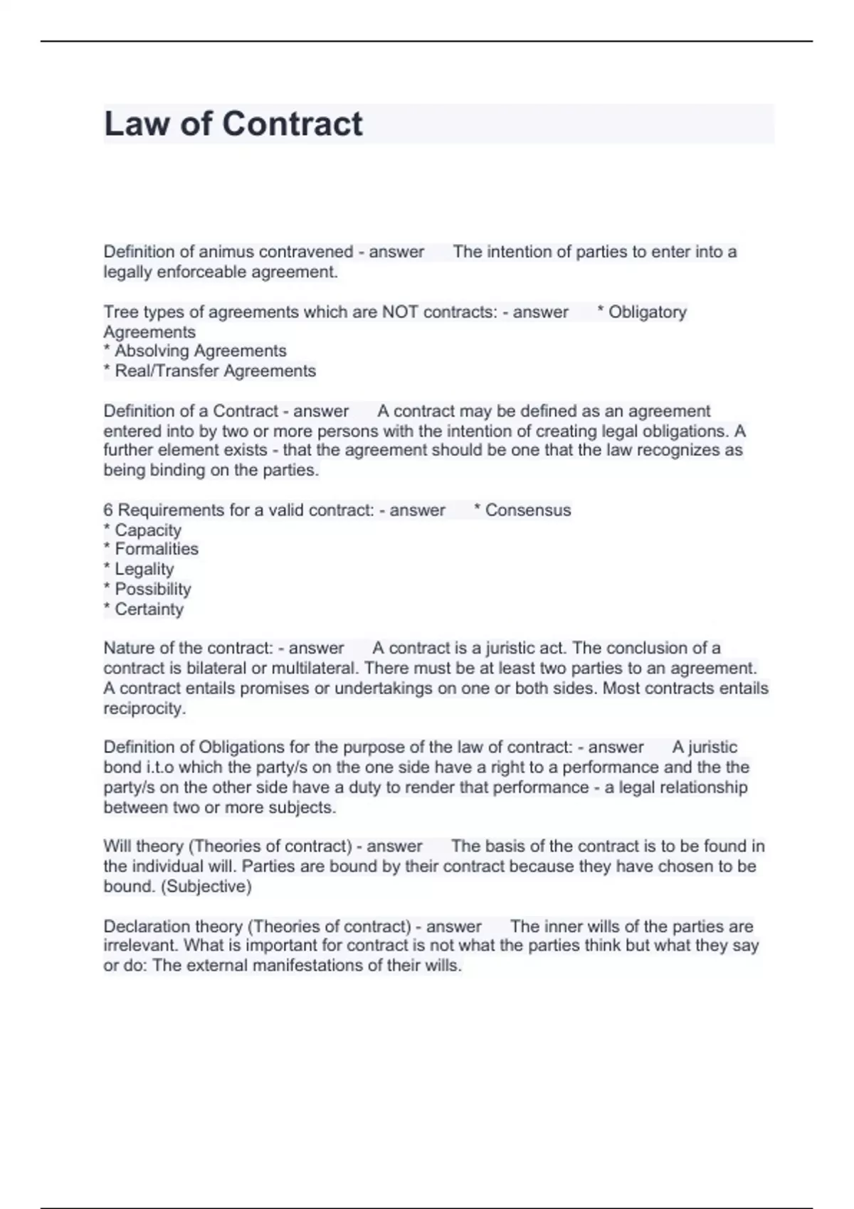 Law of Contract Questions with correct Answers 2024 - Law of Contract ...