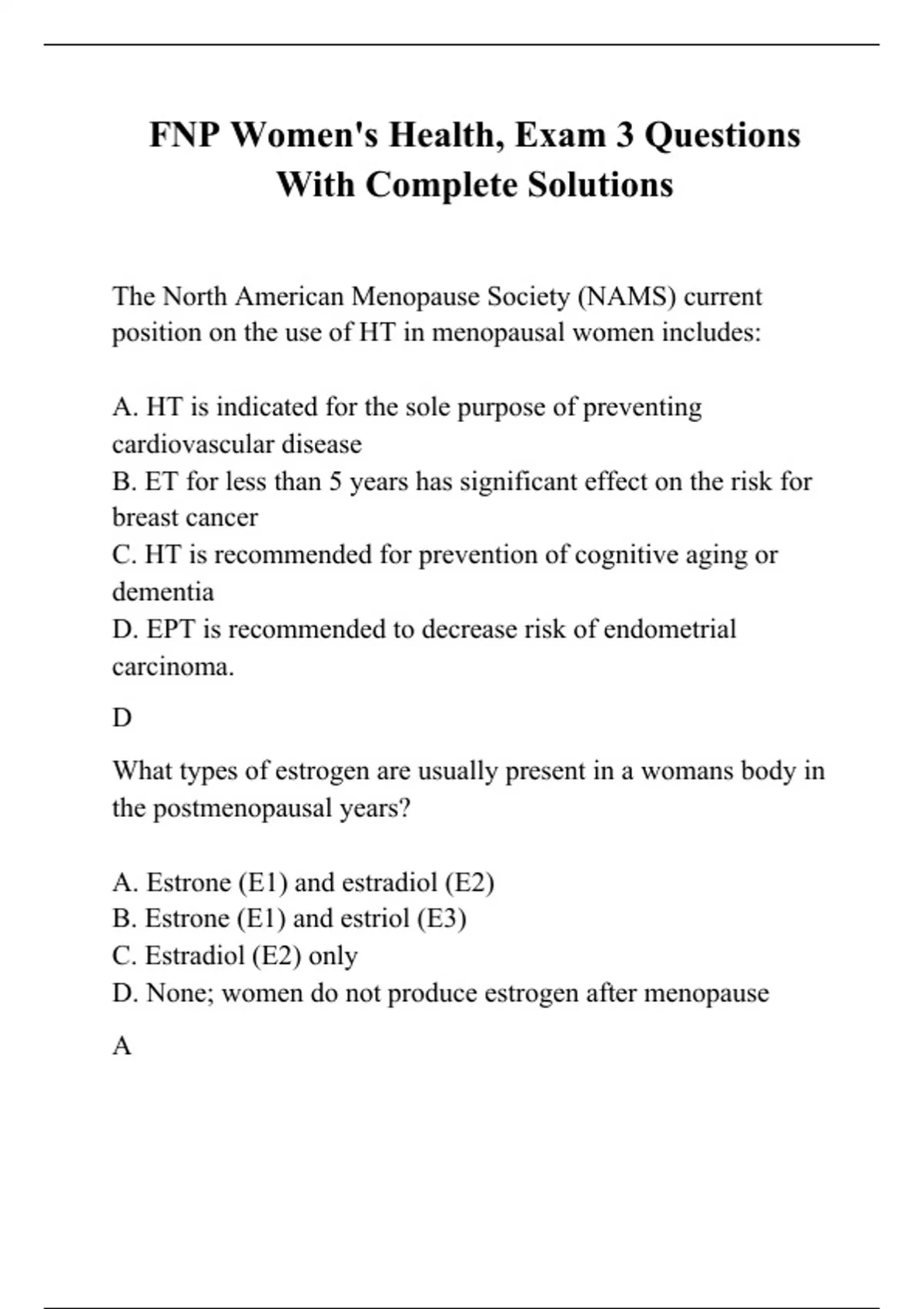 FNP Women's Health, Exam 3 Questions With Complete Solutions - MN 576 ...