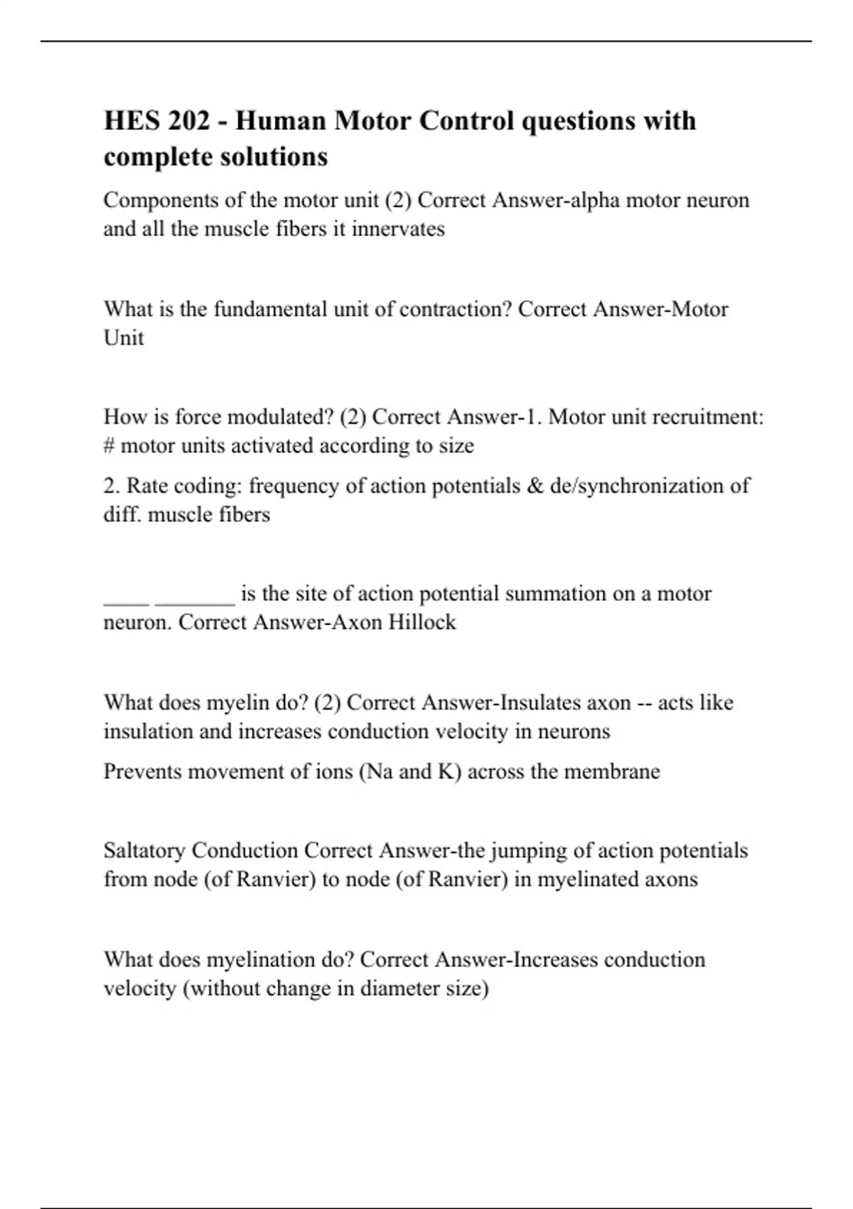 HES 202 Human Motor Control questions with complete solutions HES
