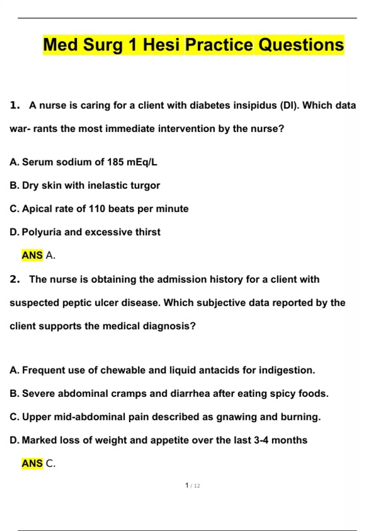 Med Surg 1 Hesi Practice Exam | Questions with 100% Correct Answers ...