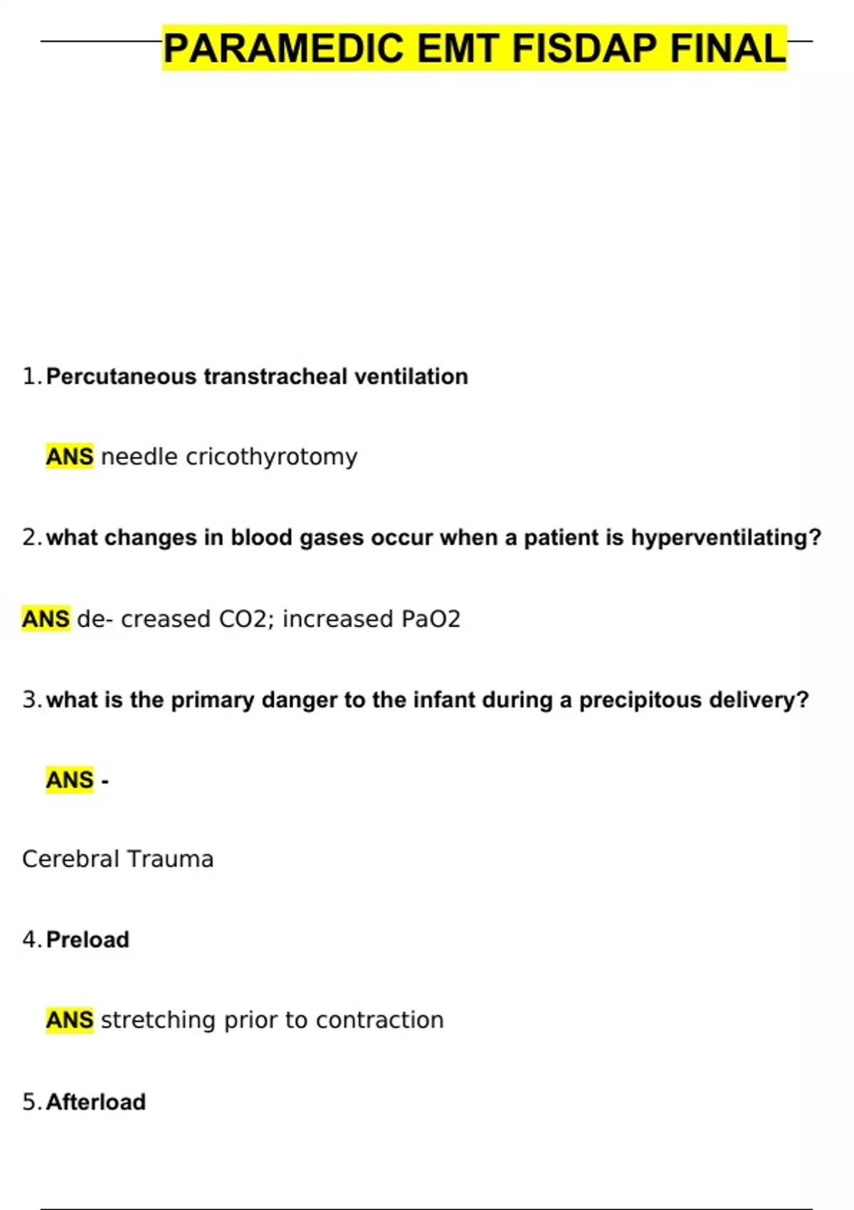 Paramedic EMT Fisdap Final Exam 2024 | Questions with 100% Correct ...