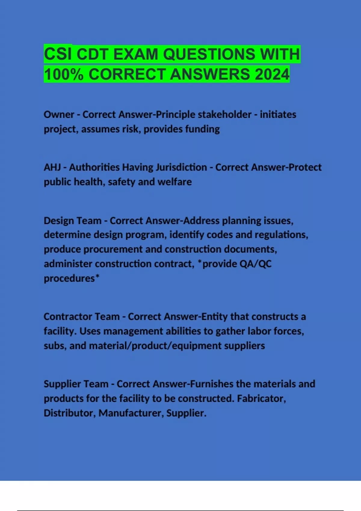 CSI CDT EXAM QUESTIONS WITH 100 CORRECT ANSWERS 2024 CDT Stuvia US